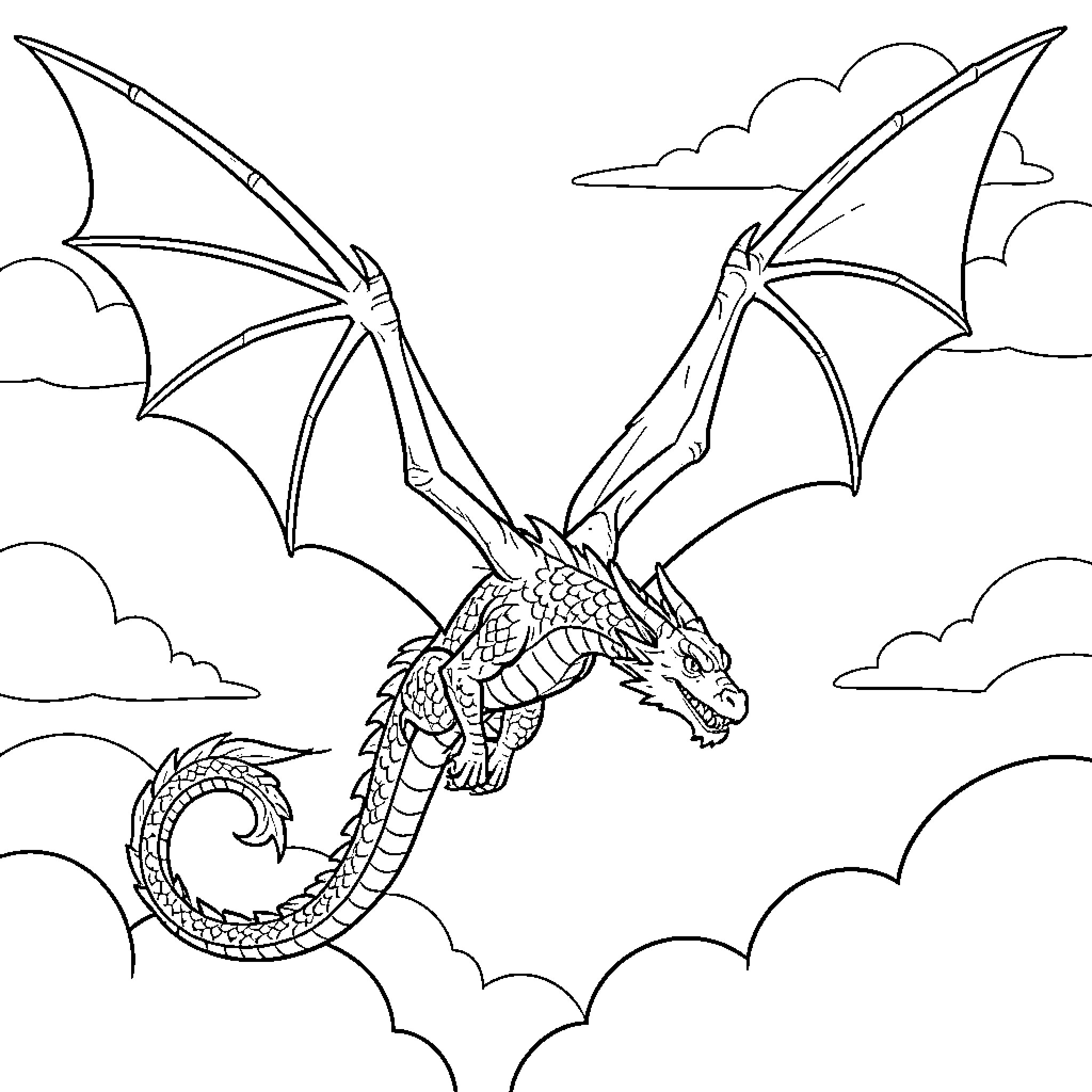Dragon soaring through the cloudy skies Coloring Page (free black-and-white line drawing printable PDF for all, from beginners to advanced learners, including children, teens, adults, and seniors)