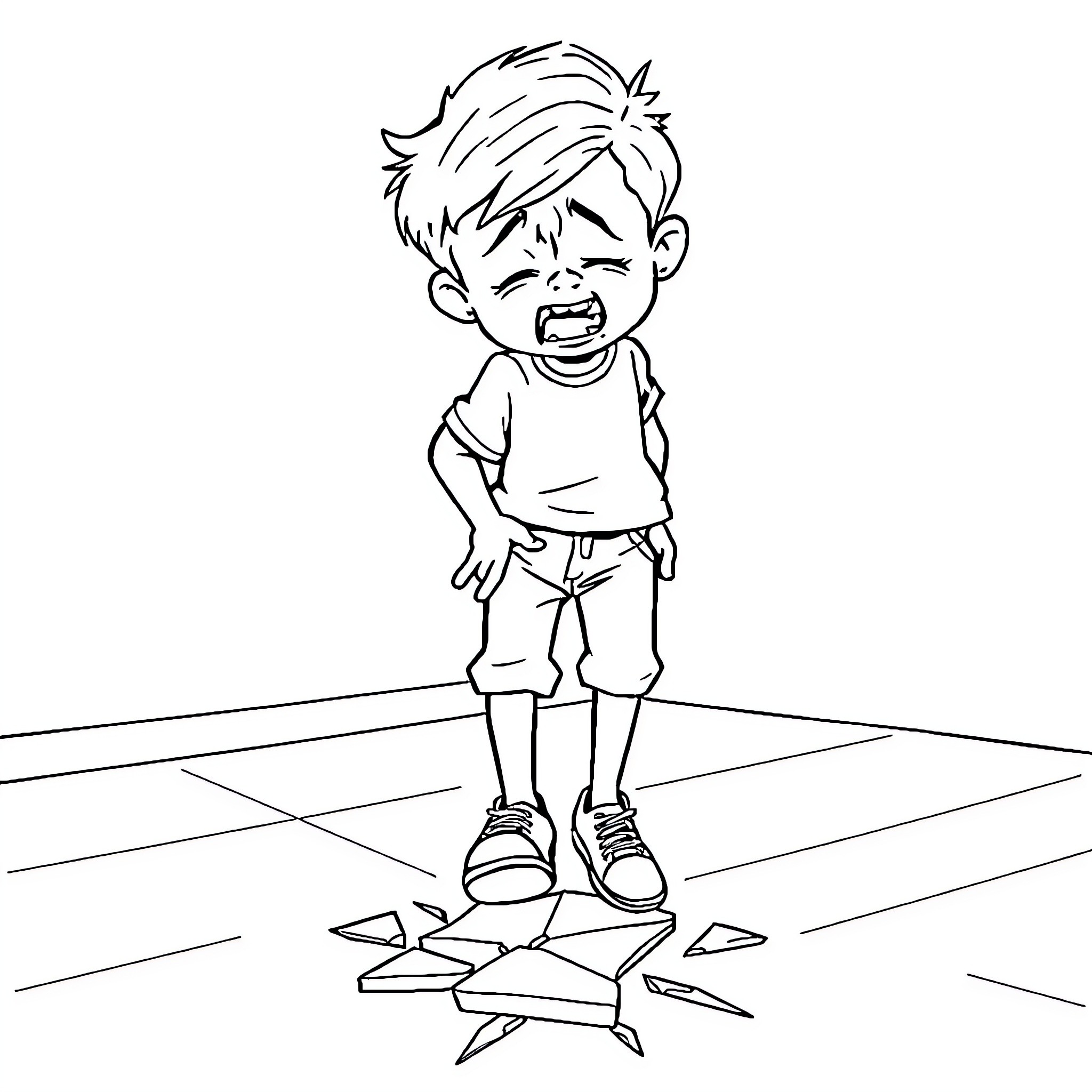 Boy stomping on broken glass in distress Coloring Page (free black-and-white line drawing printable PDF for all, from beginners to advanced learners, including children, teens, adults, and seniors)