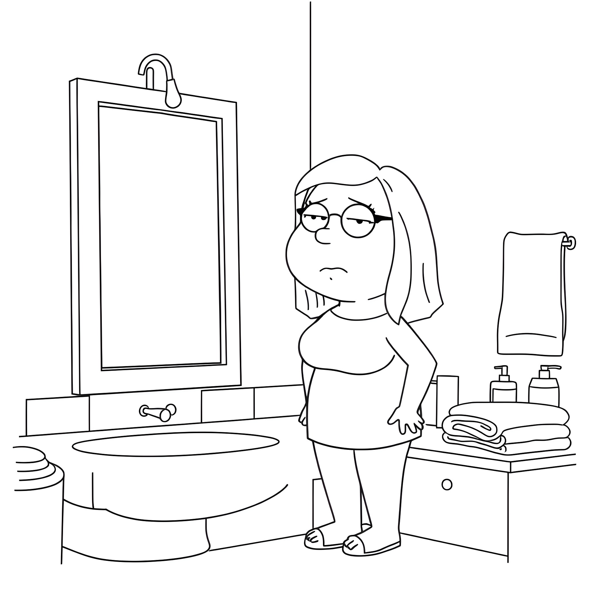 Meg Griffin in a Bathroom Scene Coloring Page (free black-and-white line drawing printable PDF for all, from beginners to advanced learners, including children, teens, adults, and seniors)