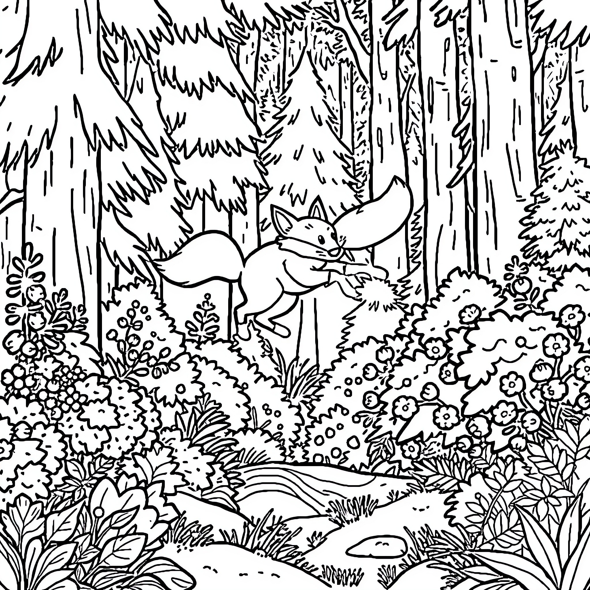 Fox exploring the enchanted forest Coloring Page (free black-and-white line drawing printable PDF for all, from beginners to advanced learners, including children, teens, adults, and seniors)