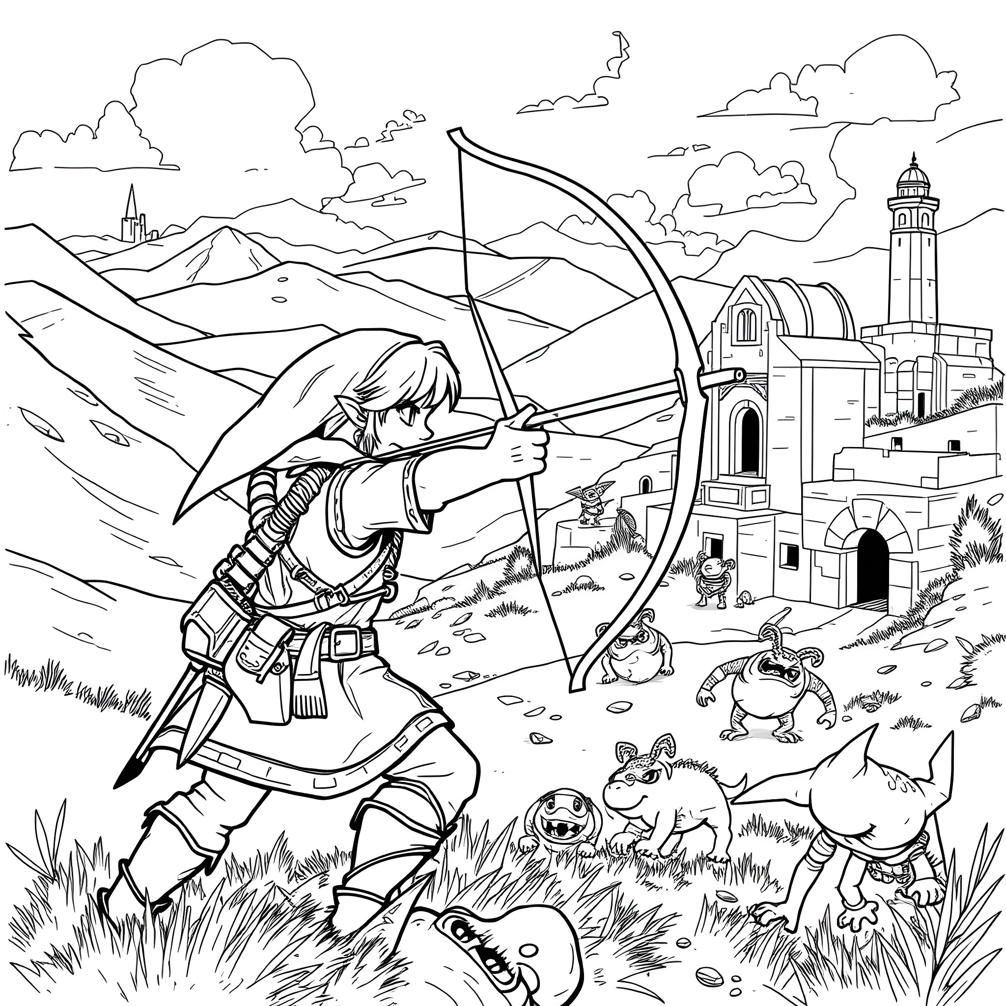 Link exploring the fantasy countryside with his bow and arrow Coloring Page (free black-and-white line drawing printable PDF for all, from beginners to advanced learners, including children, teens, adults, and seniors)