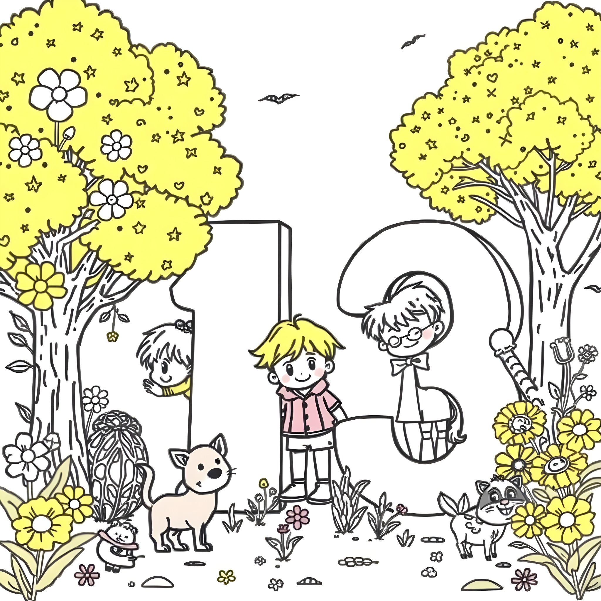 Child playing with friends and pets in the garden Coloring Page (free black-and-white line drawing printable PDF for all, from beginners to advanced learners, including children, teens, adults, and seniors)
