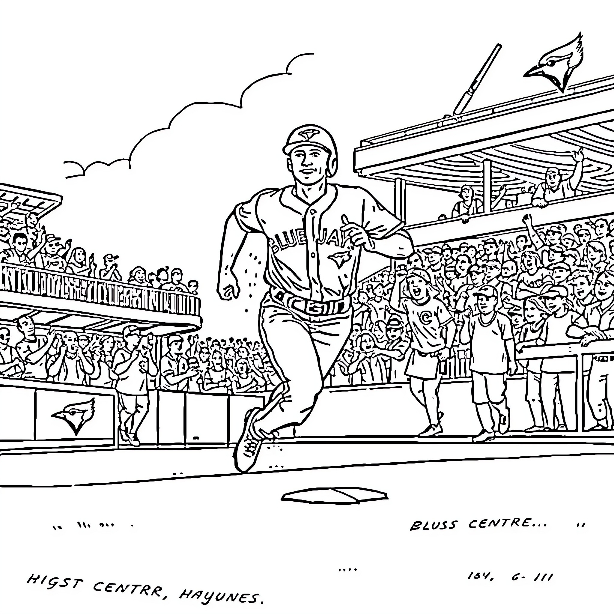 Bluejay Playing Ball in Packed Stadium Coloring Page (free black-and-white line drawing printable PDF for all, from beginners to advanced learners, including children, teens, adults, and seniors)