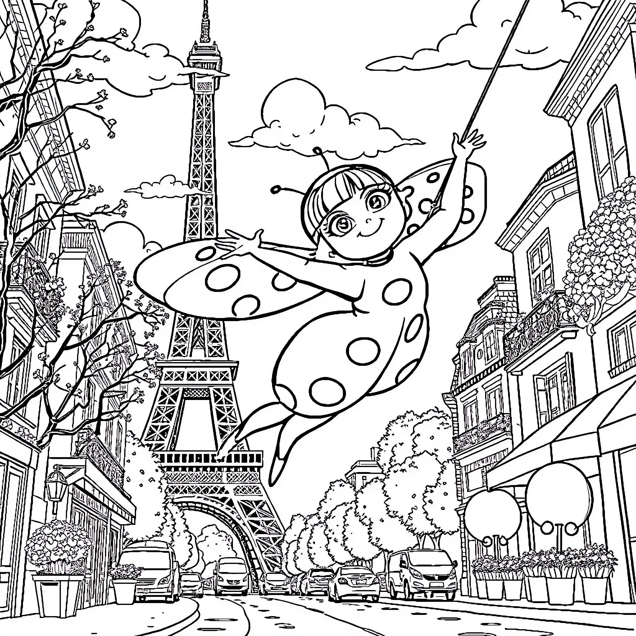 Ladybug flying over the streets of Paris Coloring Page (free black-and-white line drawing printable PDF for all, from beginners to advanced learners, including children, teens, adults, and seniors)