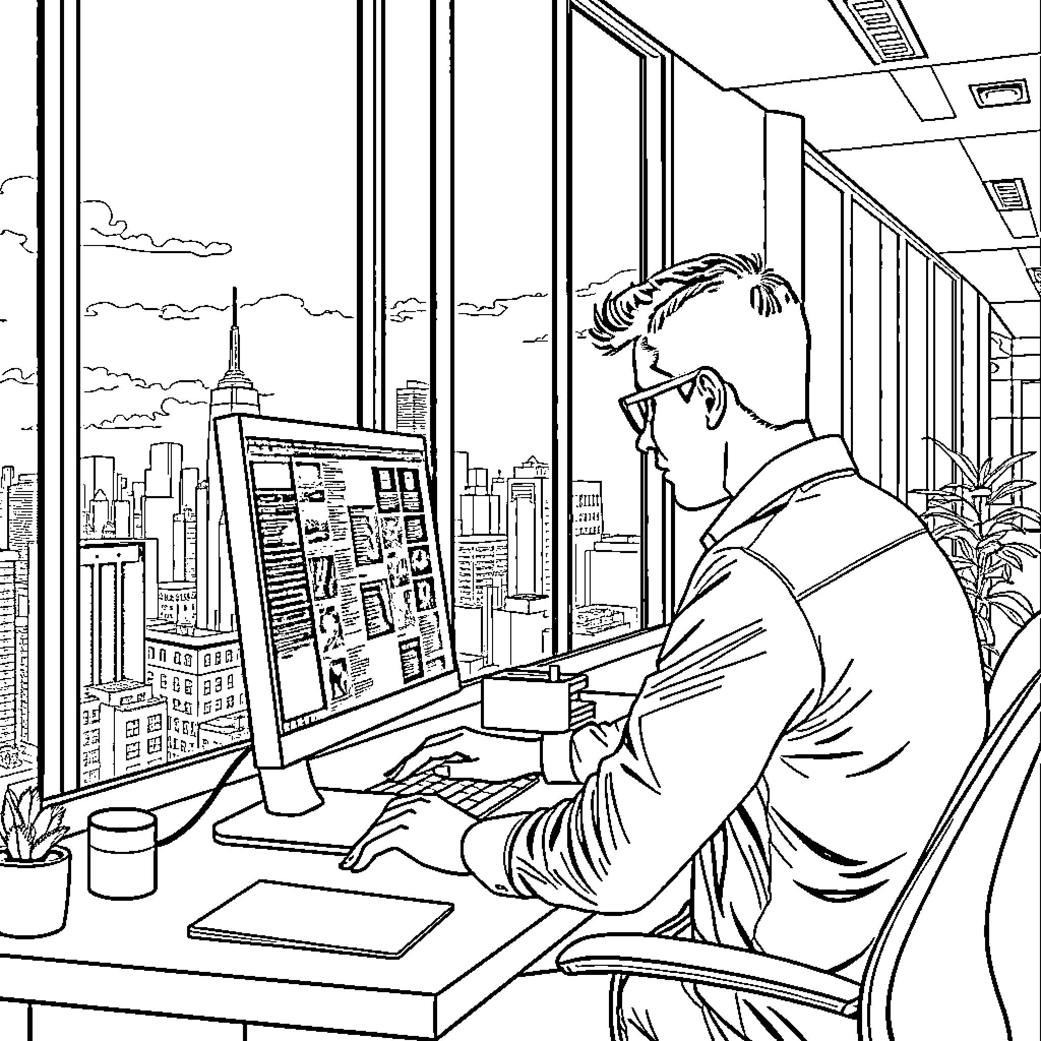 Man working diligently at his computer in the office Coloring Page (free black-and-white line drawing printable PDF for all, from beginners to advanced learners, including children, teens, adults, and seniors)