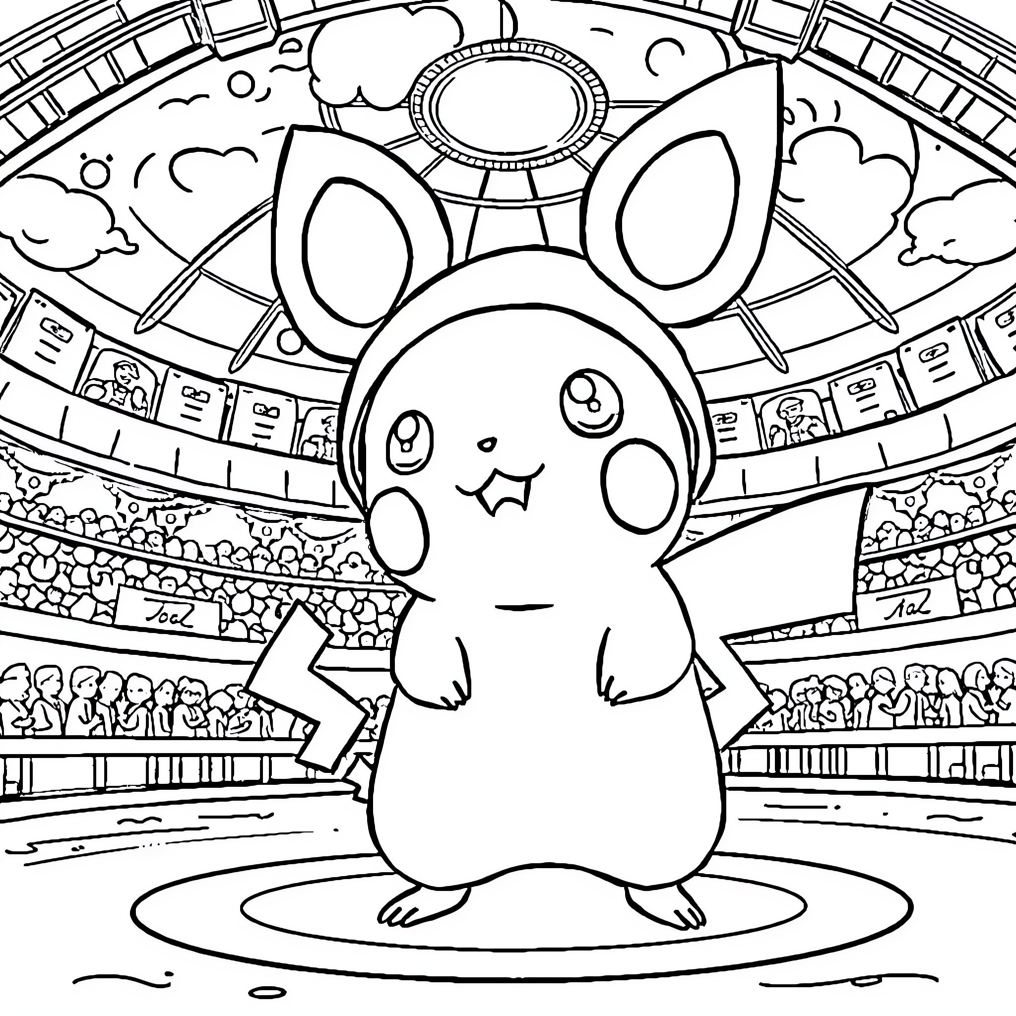Pikachu performing on stage in a stadium Coloring Page (free black-and-white line drawing printable PDF for all, from beginners to advanced learners, including children, teens, adults, and seniors)