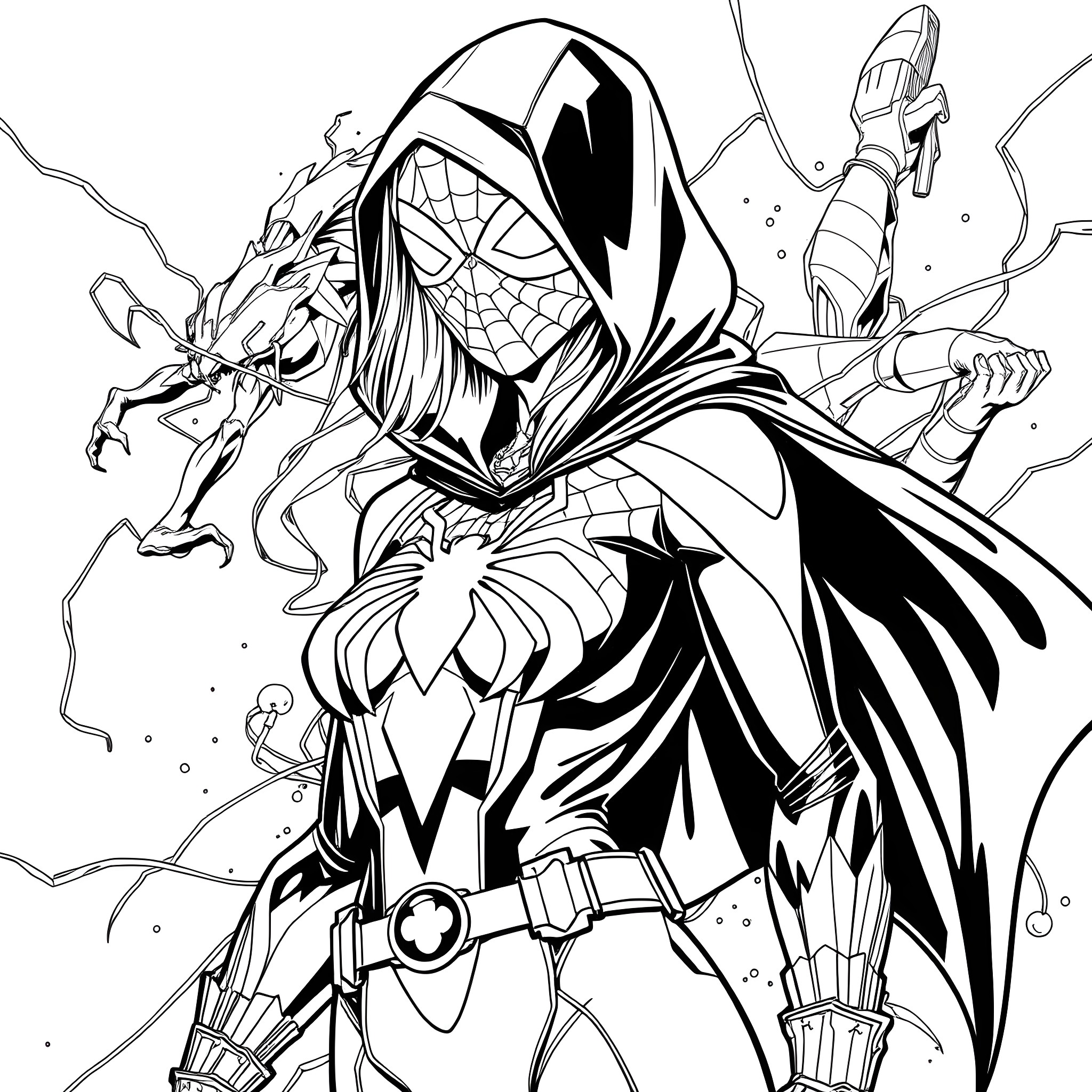 Spiderman in epic battle stance with web-slinging powers Coloring Page (free black-and-white line drawing printable PDF for all, from beginners to advanced learners, including children, teens, adults, and seniors)