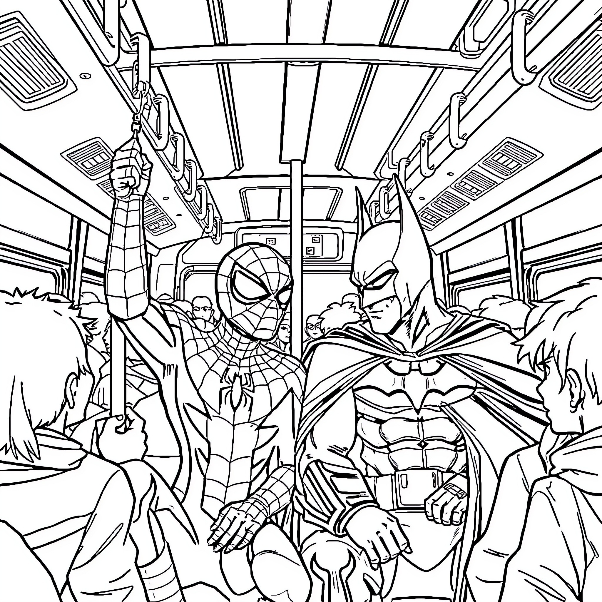 Spiderman and Batman battling in a crowded bus Coloring Page (free black-and-white line drawing printable PDF for all, from beginners to advanced learners, including children, teens, adults, and seniors)