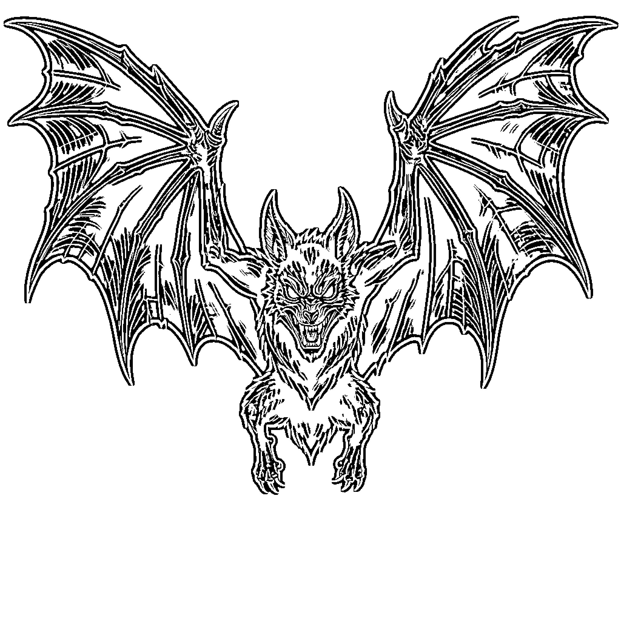 Death Bat - Ferocious demonic bat creature Coloring Page (free black-and-white line drawing printable PDF for all, from beginners to advanced learners, including children, teens, adults, and seniors)