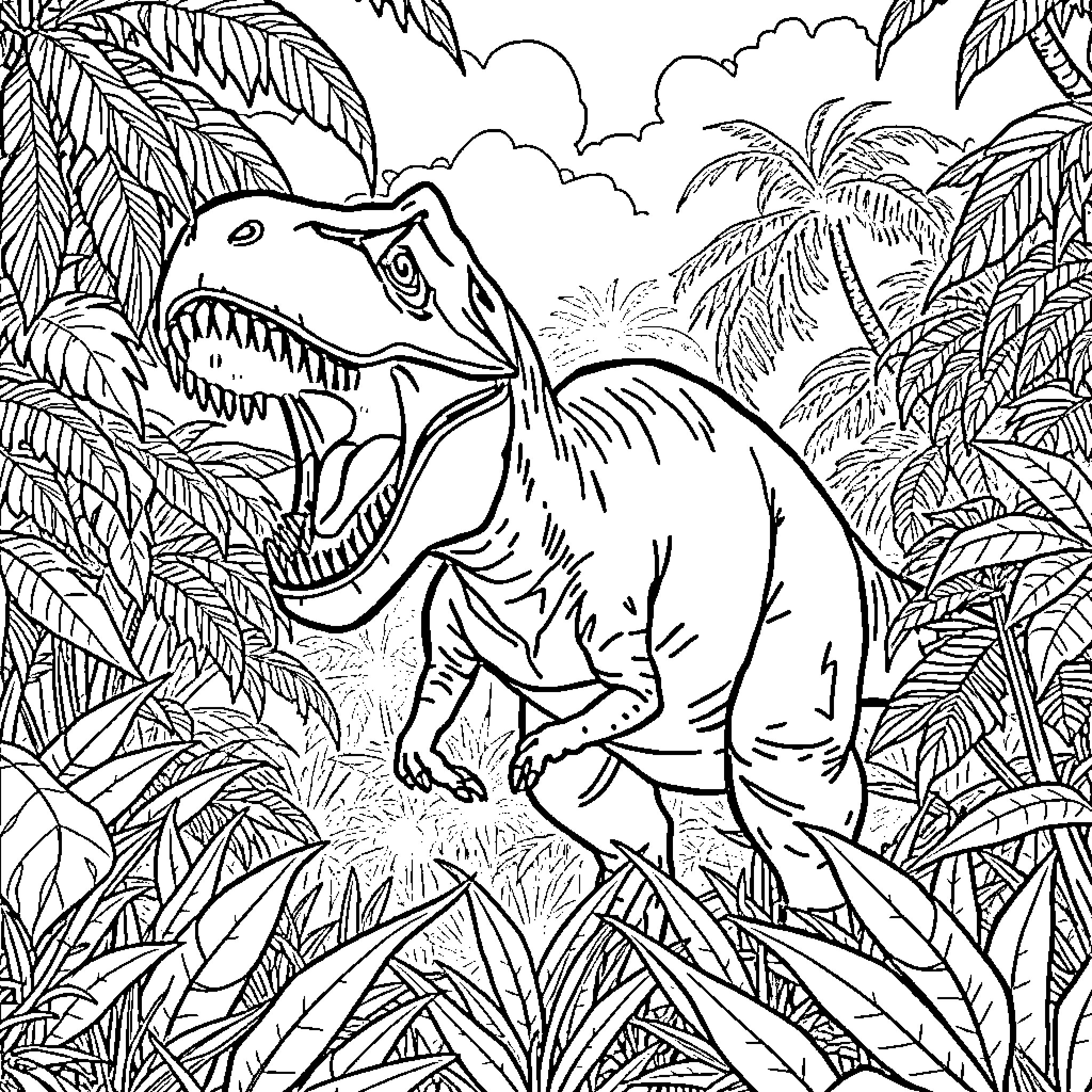 Dinosaur Roaming Through Lush Jungle Landscape Coloring Page (free black-and-white line drawing printable PDF for all, from beginners to advanced learners, including children, teens, adults, and seniors)