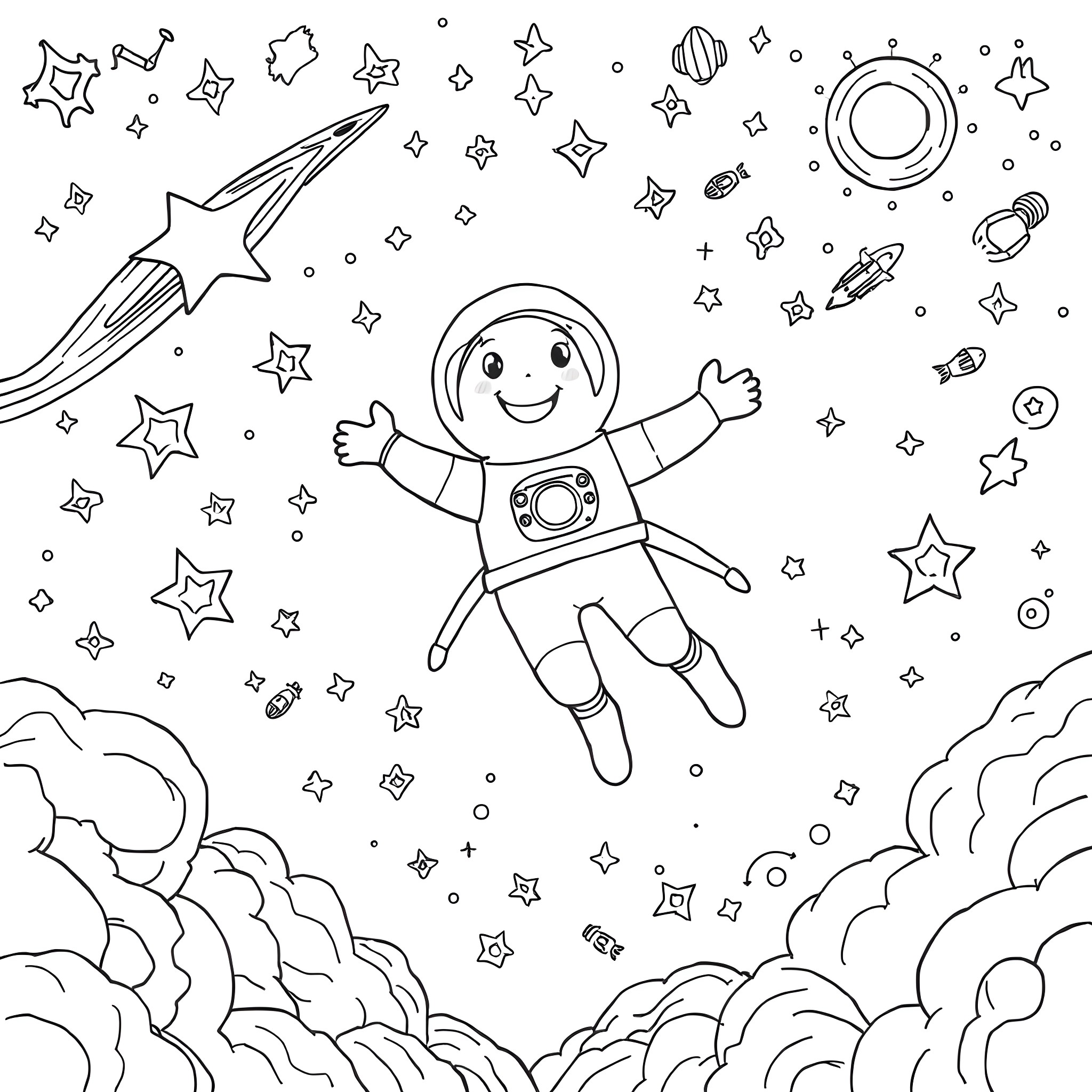 Astro astronaut exploring the cosmic wonders Coloring Page (free black-and-white line drawing printable PDF for all, from beginners to advanced learners, including children, teens, adults, and seniors)