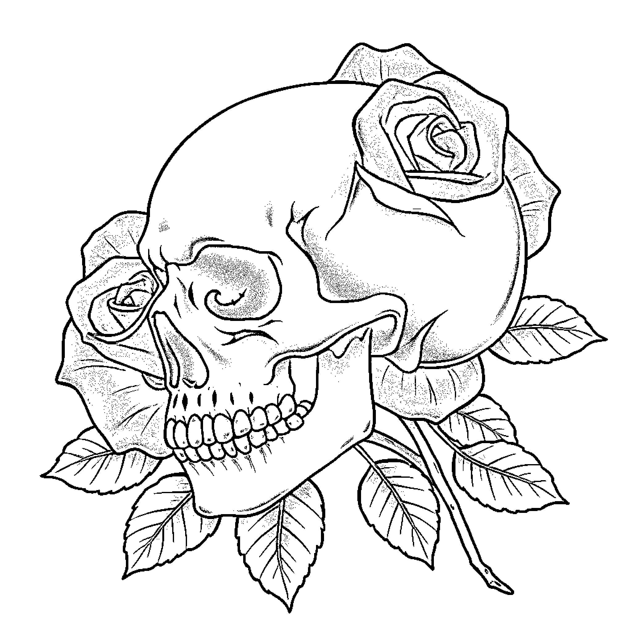Skull adorned with roses and leaves Coloring Page (free black-and-white line drawing printable PDF for all, from beginners to advanced learners, including children, teens, adults, and seniors)