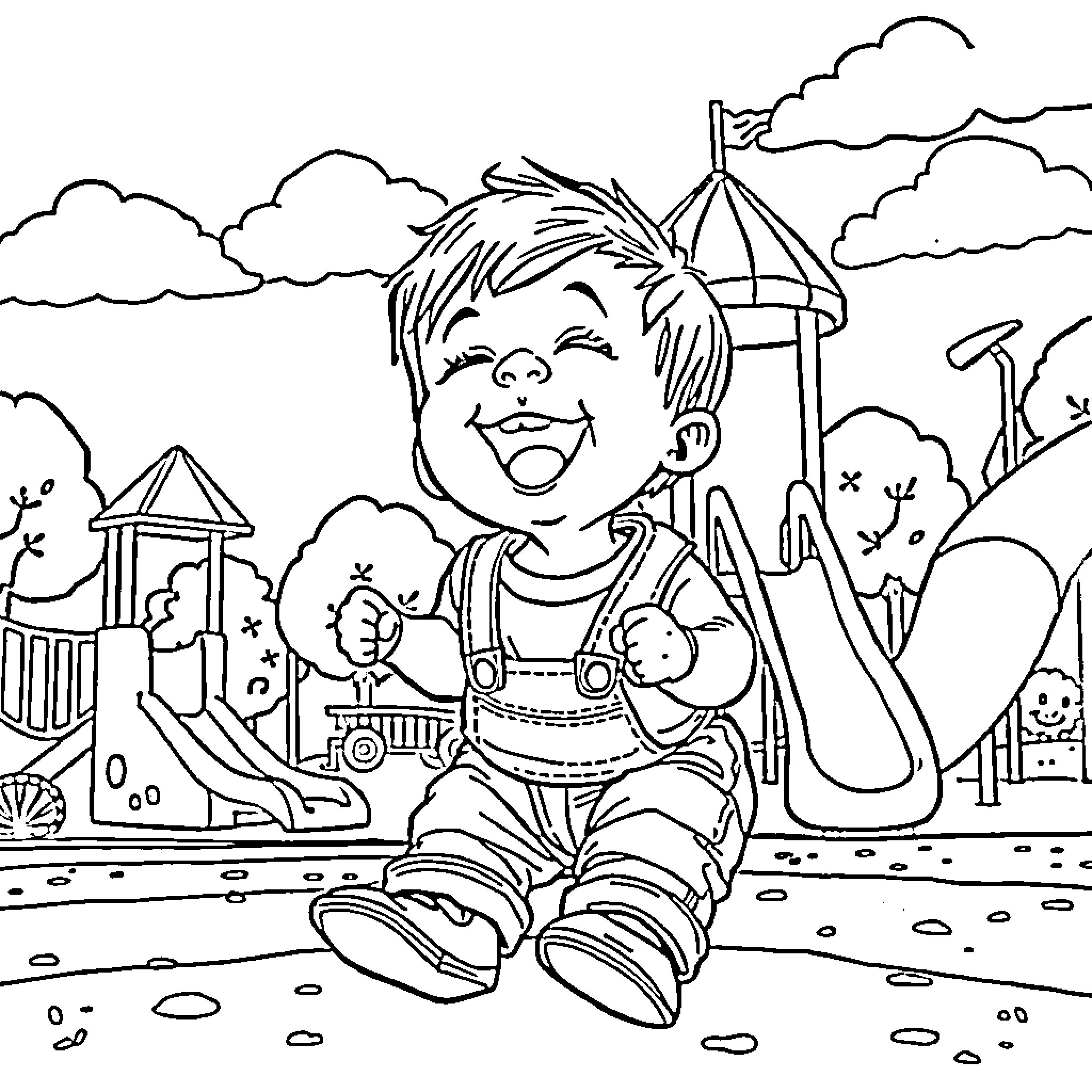 Toddler enjoys playground equipment and toys Coloring Page (free black-and-white line drawing printable PDF for all, from beginners to advanced learners, including children, teens, adults, and seniors)