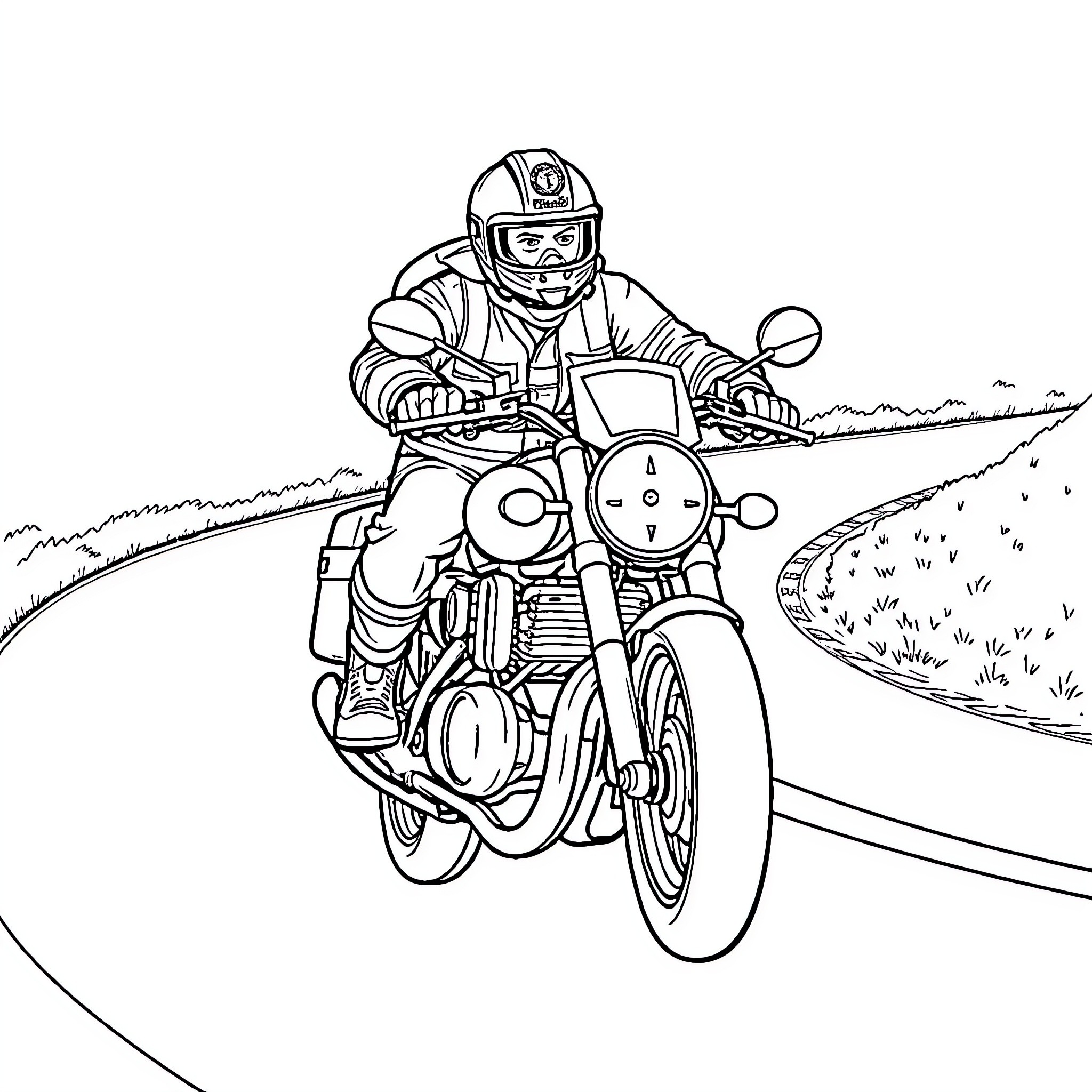 Fireman riding motorcycle on the road Coloring Page (free black-and-white line drawing printable PDF for all, from beginners to advanced learners, including children, teens, adults, and seniors)