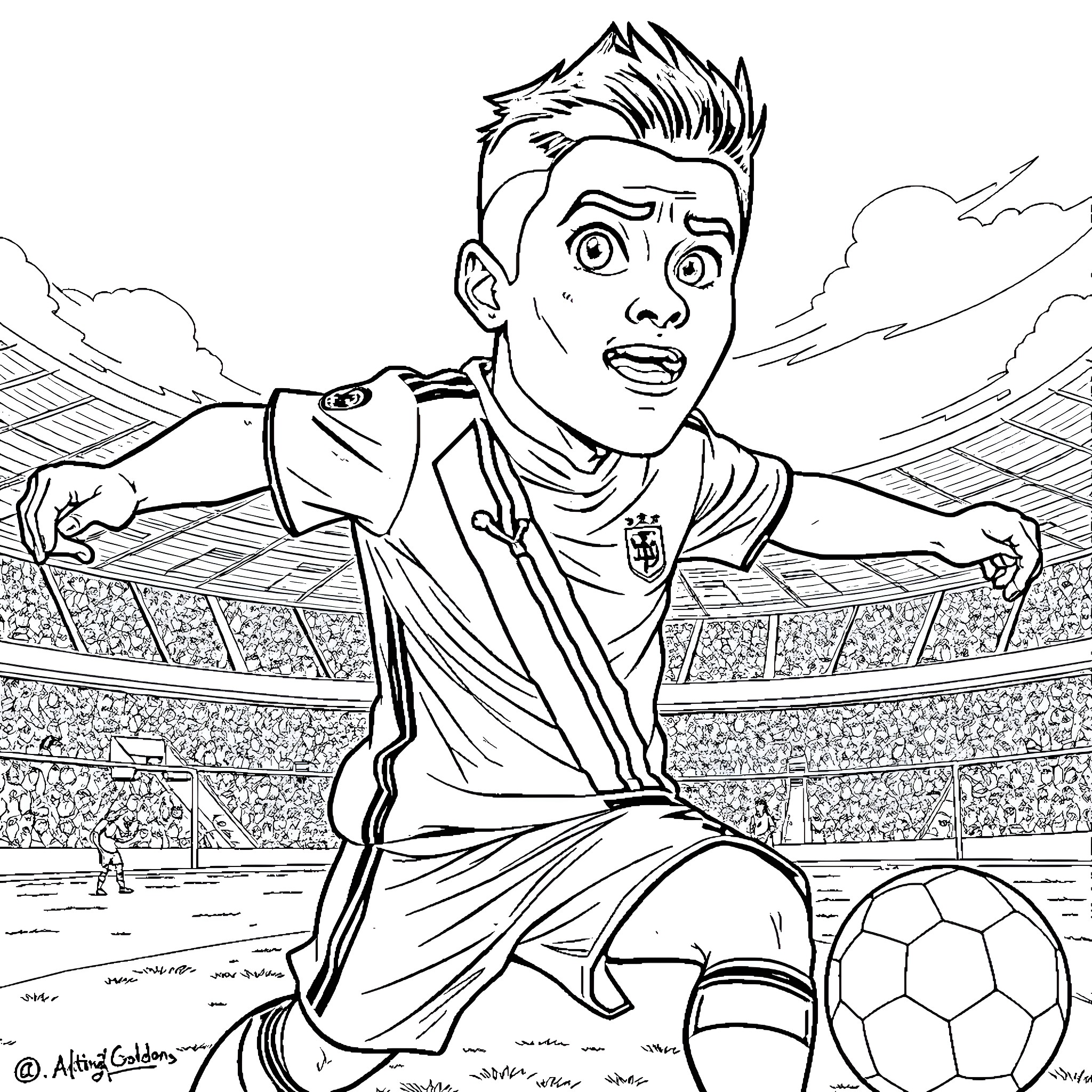 Ronaldo celebrating on the soccer field Coloring Page (free black-and-white line drawing printable PDF for all, from beginners to advanced learners, including children, teens, adults, and seniors)