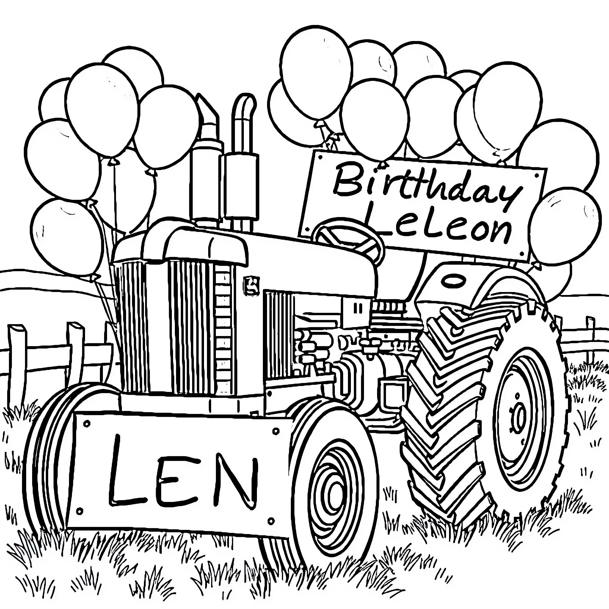 Tractor celebrating a Birthday with balloons Coloring Page (free black-and-white line drawing printable PDF for all, from beginners to advanced learners, including children, teens, adults, and seniors)