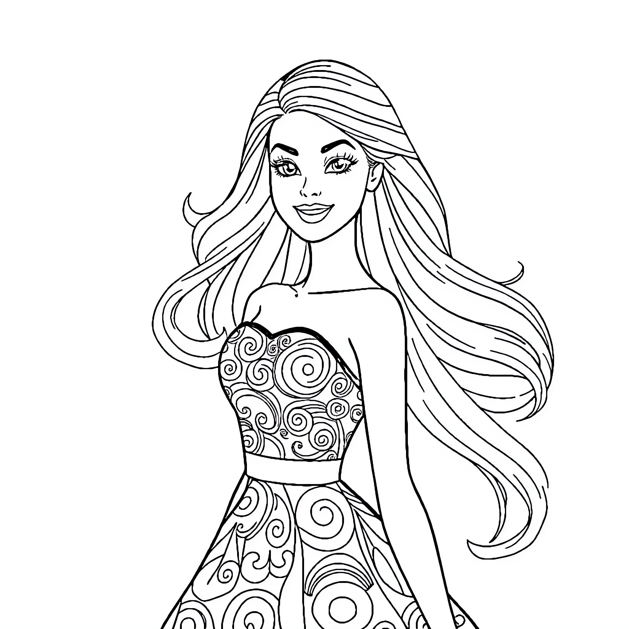 Barbie dressed in patterned gown with flowing hair Coloring Page (free black-and-white line drawing printable PDF for all, from beginners to advanced learners, including children, teens, adults, and seniors)