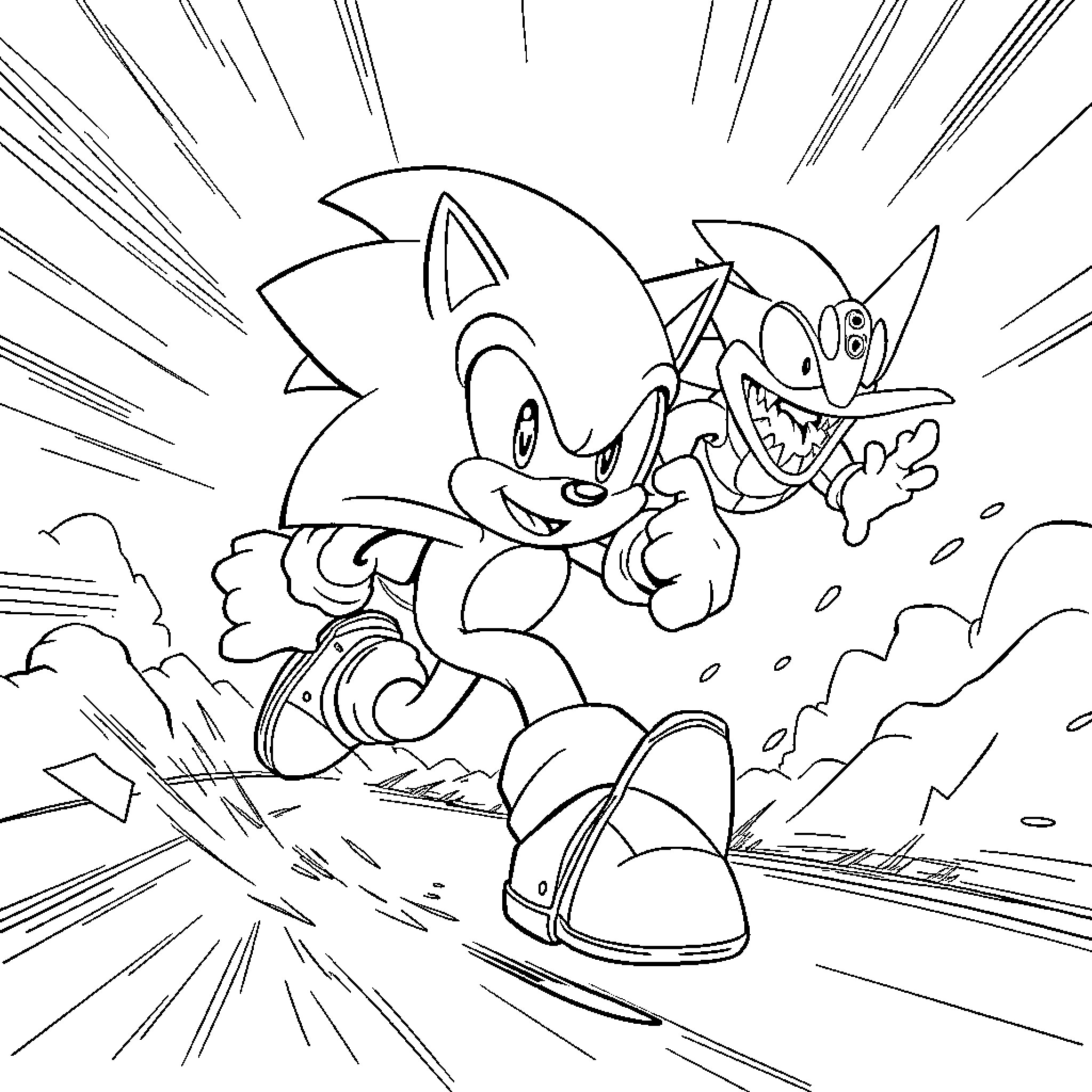 Sonic racing against an enemy Coloring Page (free black-and-white line drawing printable PDF for all, from beginners to advanced learners, including children, teens, adults, and seniors)