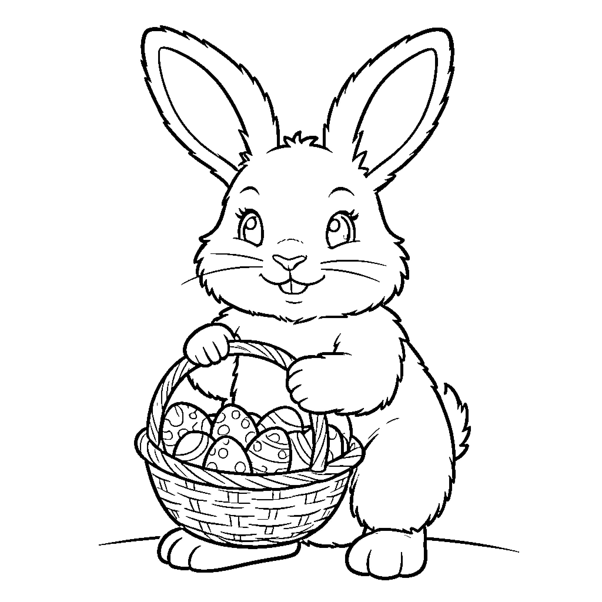 Easter Bunny with Basket of Eggs Coloring Page (free black-and-white line drawing printable PDF for all, from beginners to advanced learners, including children, teens, adults, and seniors)
