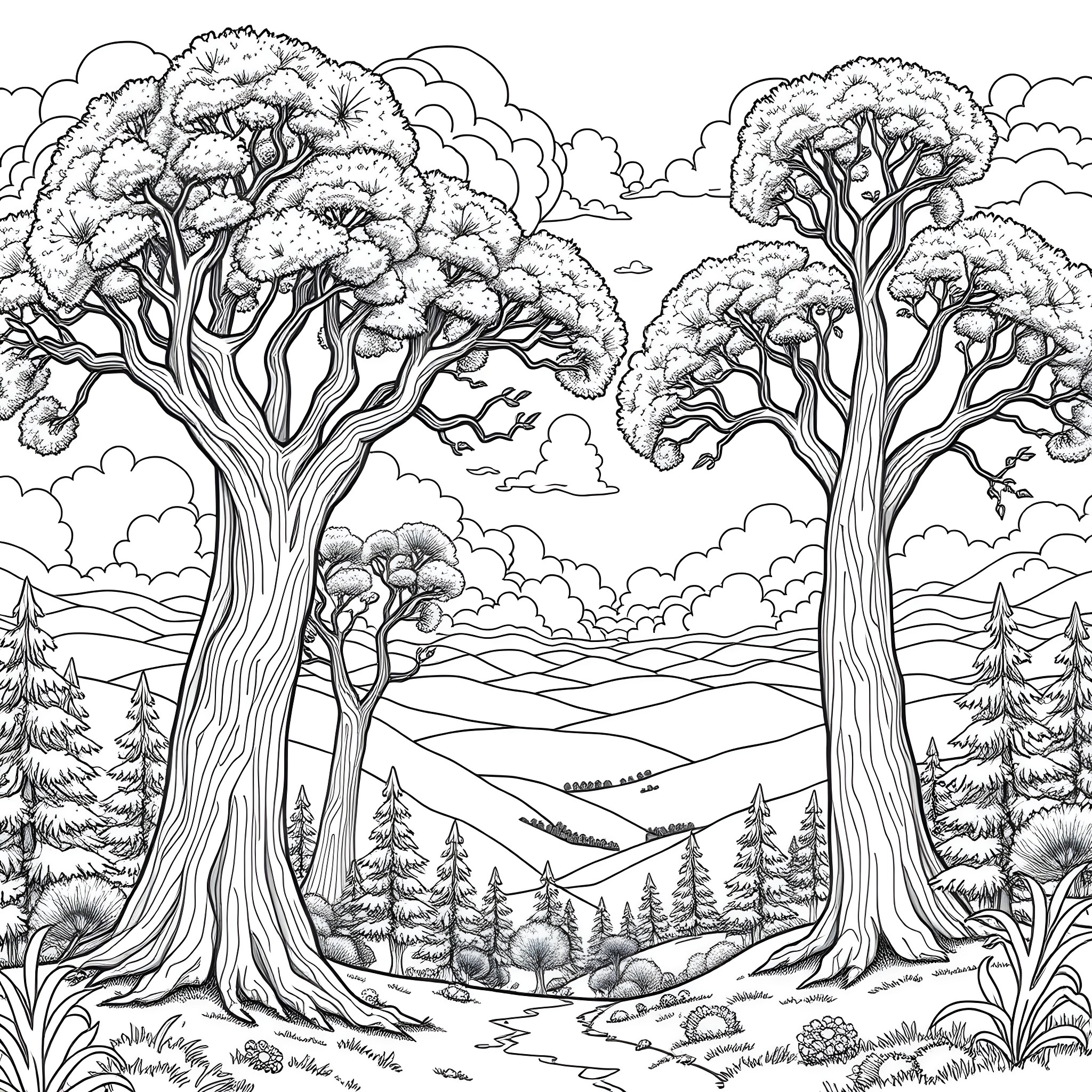 Majestic Trees in a Scenic Landscape Coloring Page (free black-and-white line drawing printable PDF for all, from beginners to advanced learners, including children, teens, adults, and seniors)