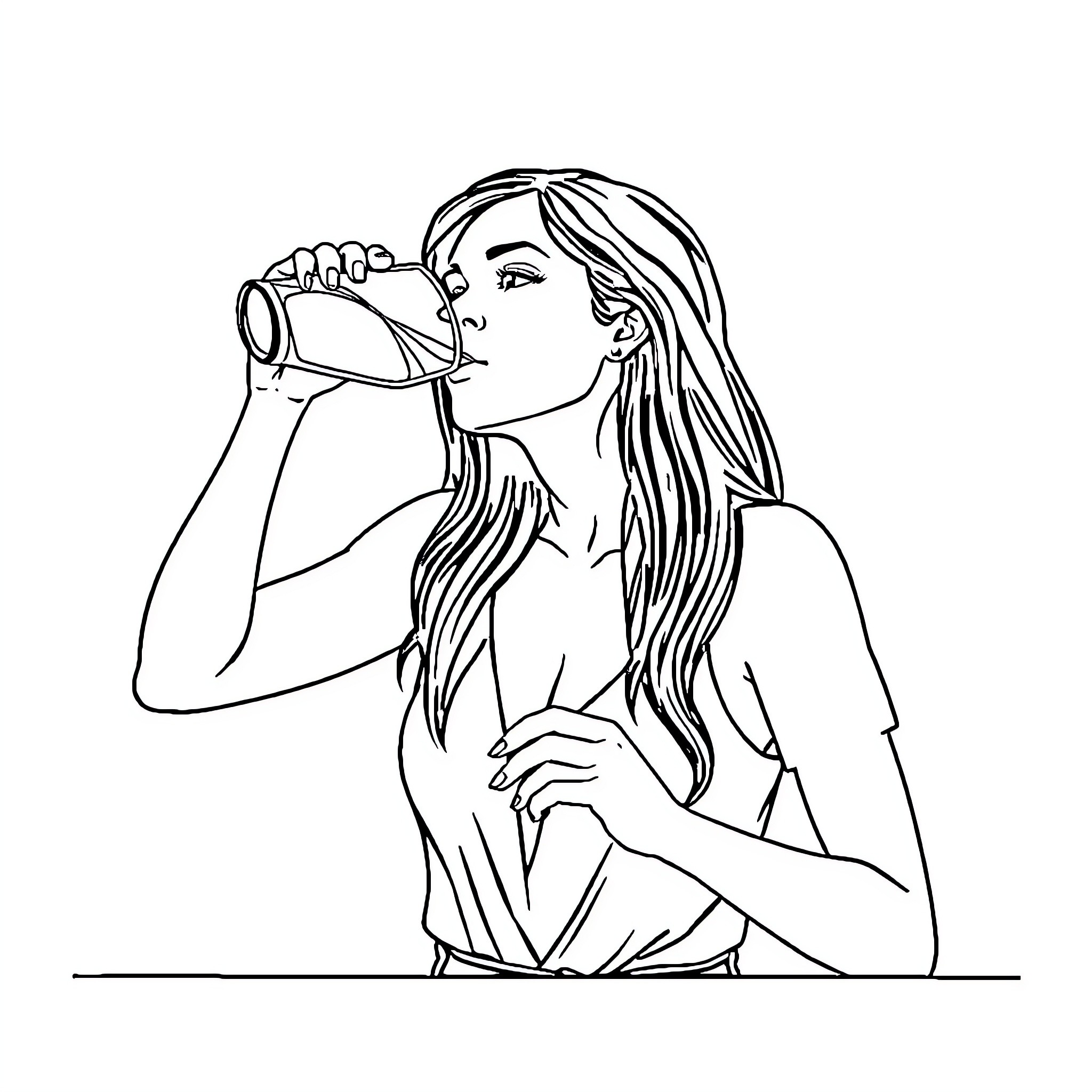 Woman drinking from a glass Coloring Page (free black-and-white line drawing printable PDF for all, from beginners to advanced learners, including children, teens, adults, and seniors)