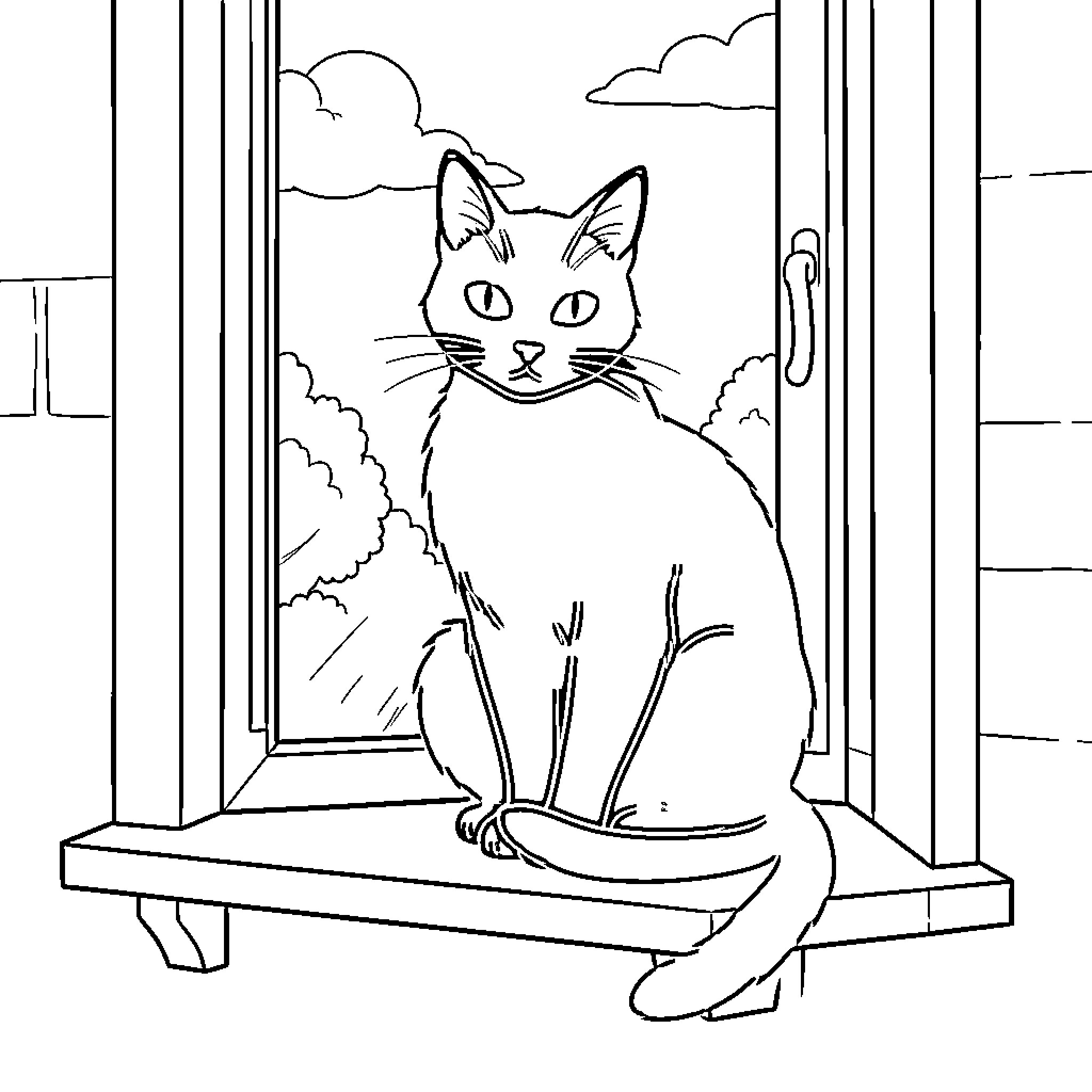 Cat observing through the window Coloring Page (free black-and-white line drawing printable PDF for all, from beginners to advanced learners, including children, teens, adults, and seniors)