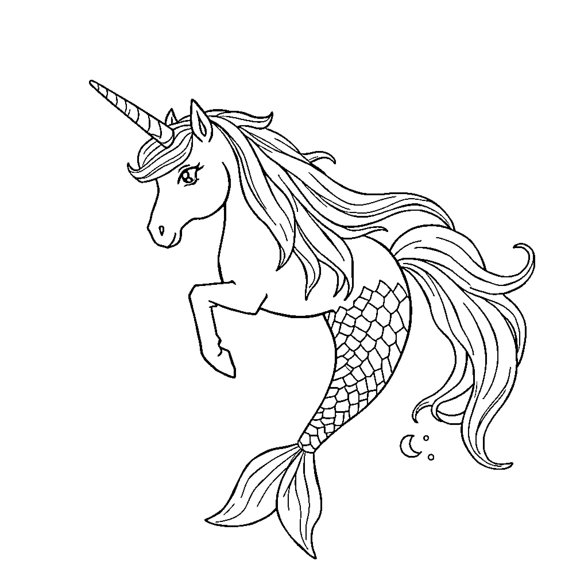 Unicorn Mermaid swimming gracefully through the ocean Coloring Page (free black-and-white line drawing printable PDF for all, from beginners to advanced learners, including children, teens, adults, and seniors)