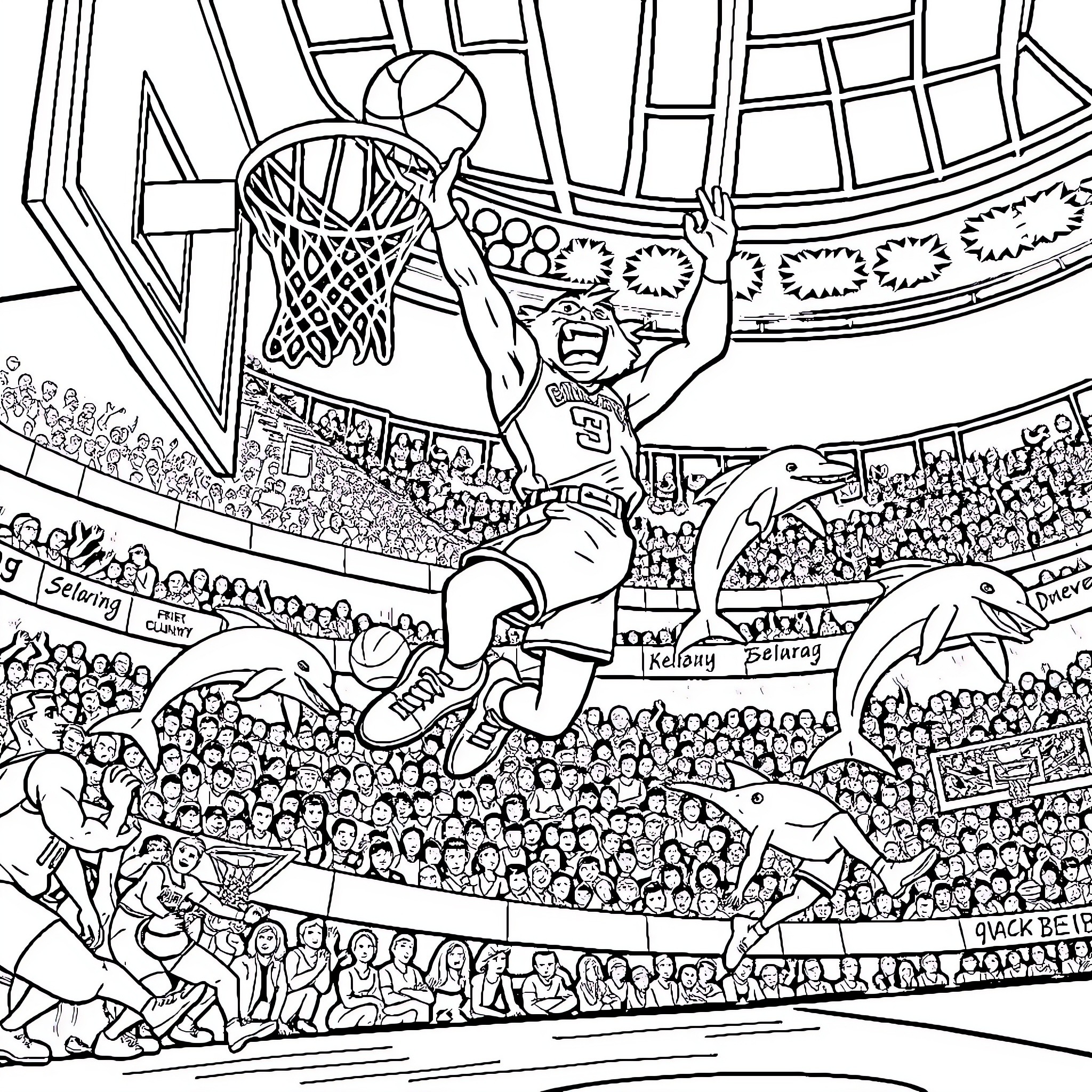 Goldorak slam dunking in a crowded basketball arena Coloring Page (free black-and-white line drawing printable PDF for all, from beginners to advanced learners, including children, teens, adults, and seniors)