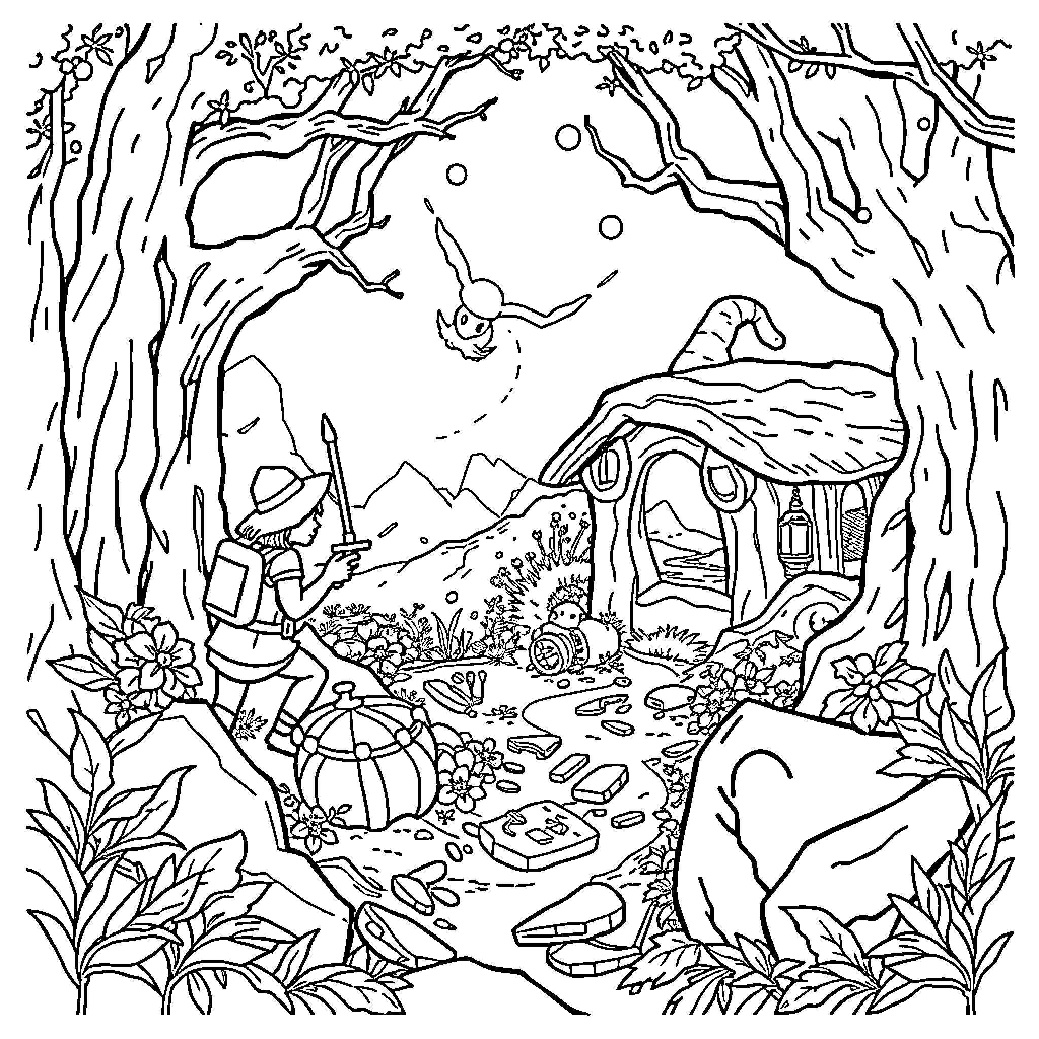 Huntrix Explores the Enchanted Woodland Retreat Coloring Page (free black-and-white line drawing printable PDF for all, from beginners to advanced learners, including children, teens, adults, and seniors)