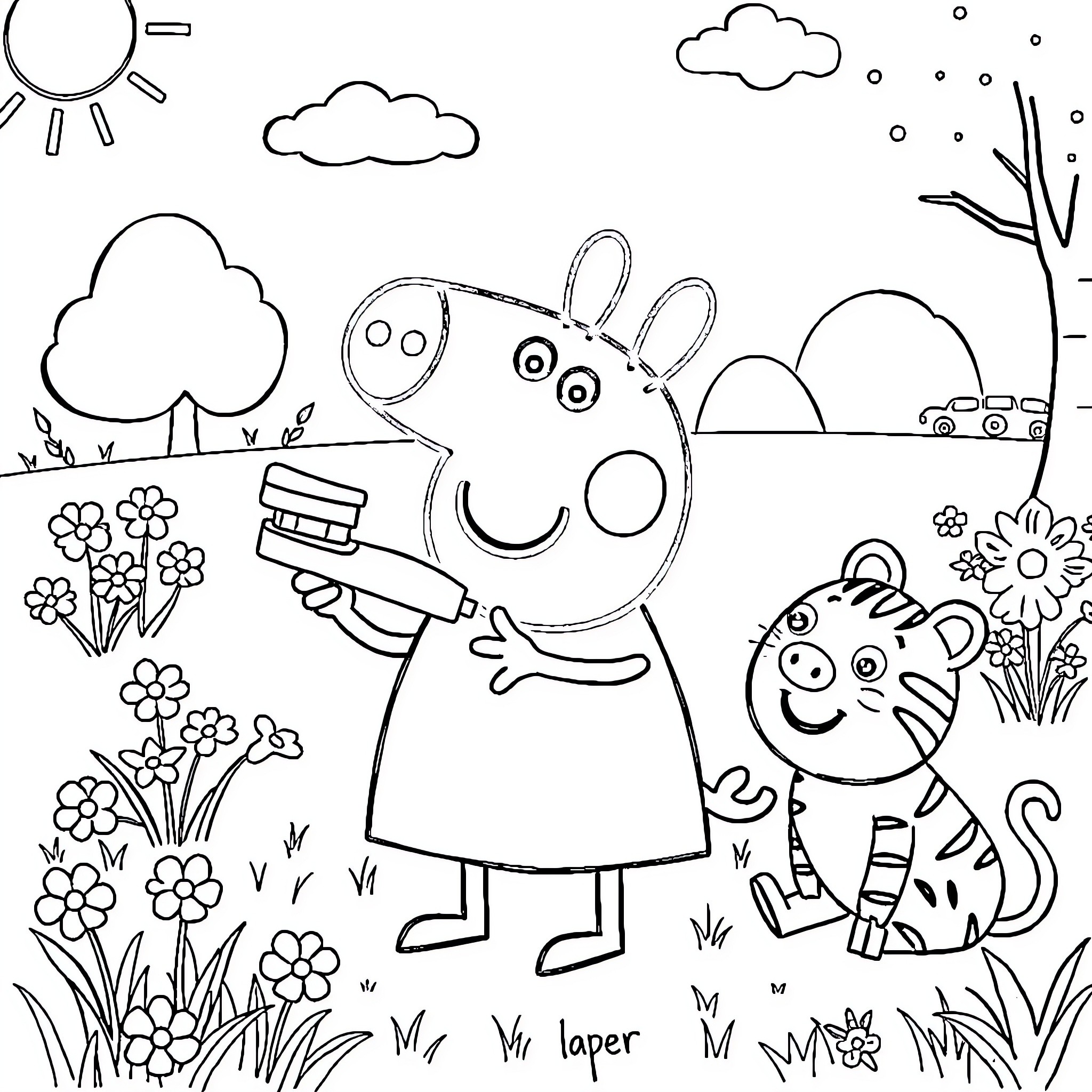 Peppa Pig and Friends Enjoying the Outdoors Coloring Page (free black-and-white line drawing printable PDF for all, from beginners to advanced learners, including children, teens, adults, and seniors)