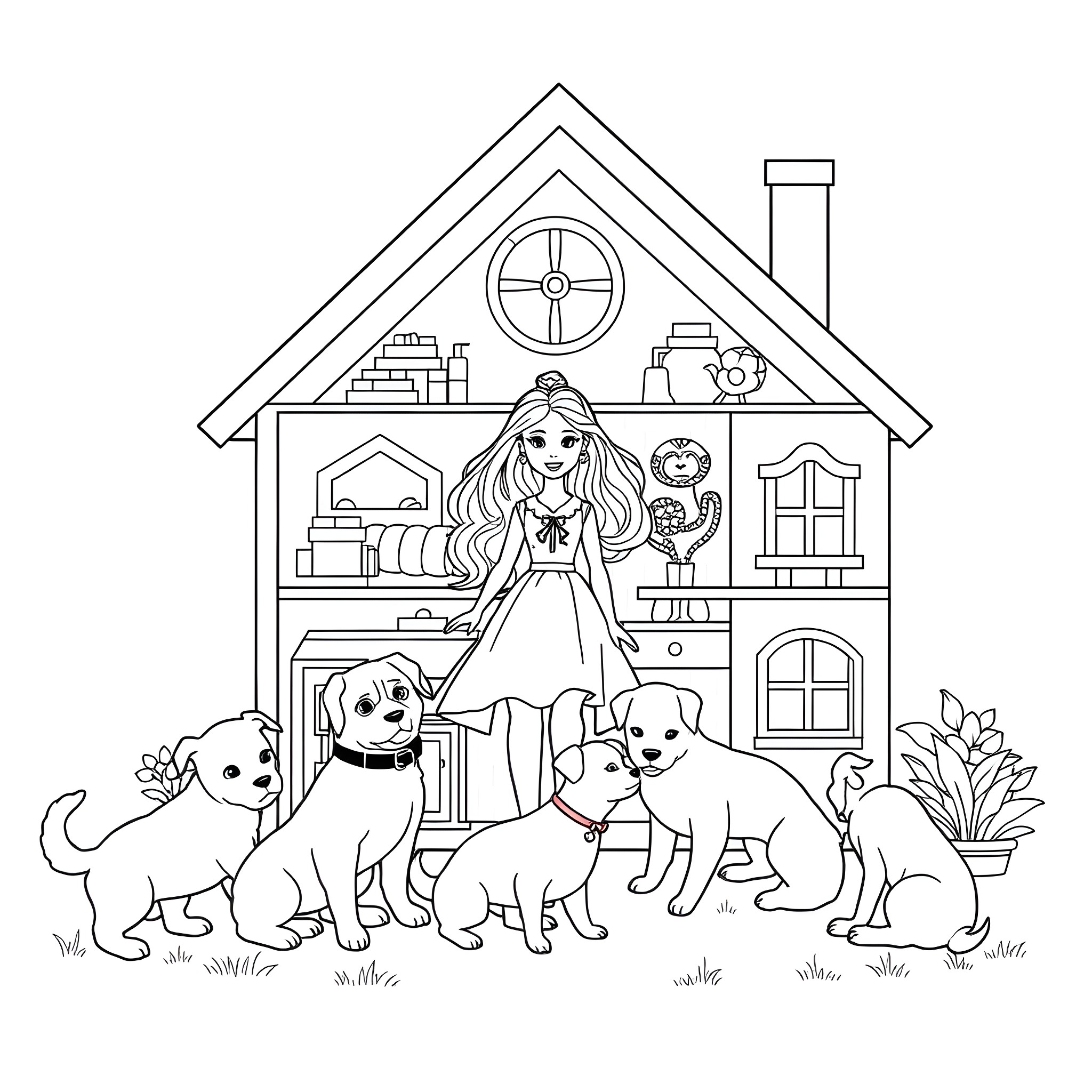 Barbie playing with cute puppies in her dream house Coloring Page (free black-and-white line drawing printable PDF for all, from beginners to advanced learners, including children, teens, adults, and seniors)