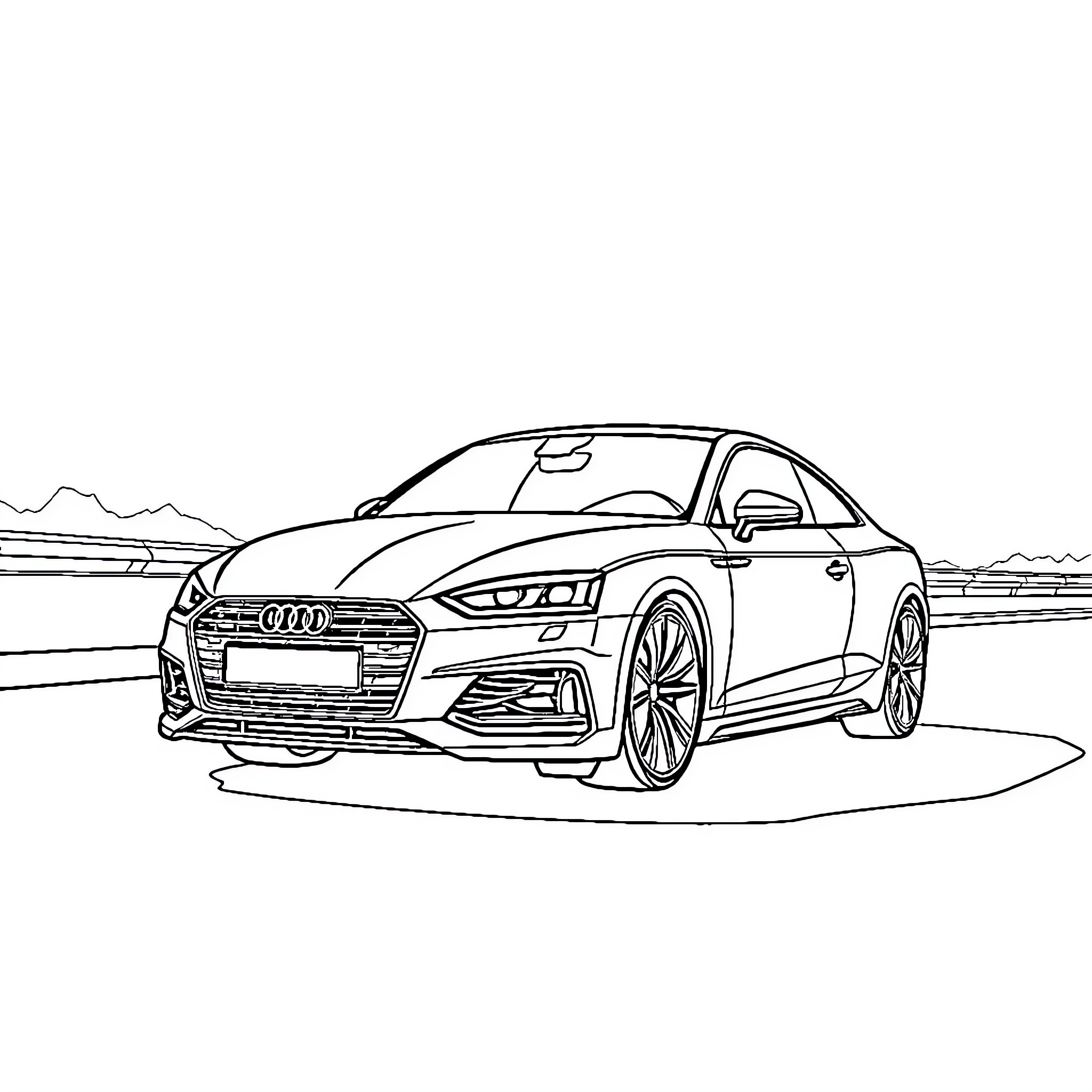 Audi A5 in Scenic Landscape Coloring Page (free black-and-white line drawing printable PDF for all, from beginners to advanced learners, including children, teens, adults, and seniors)