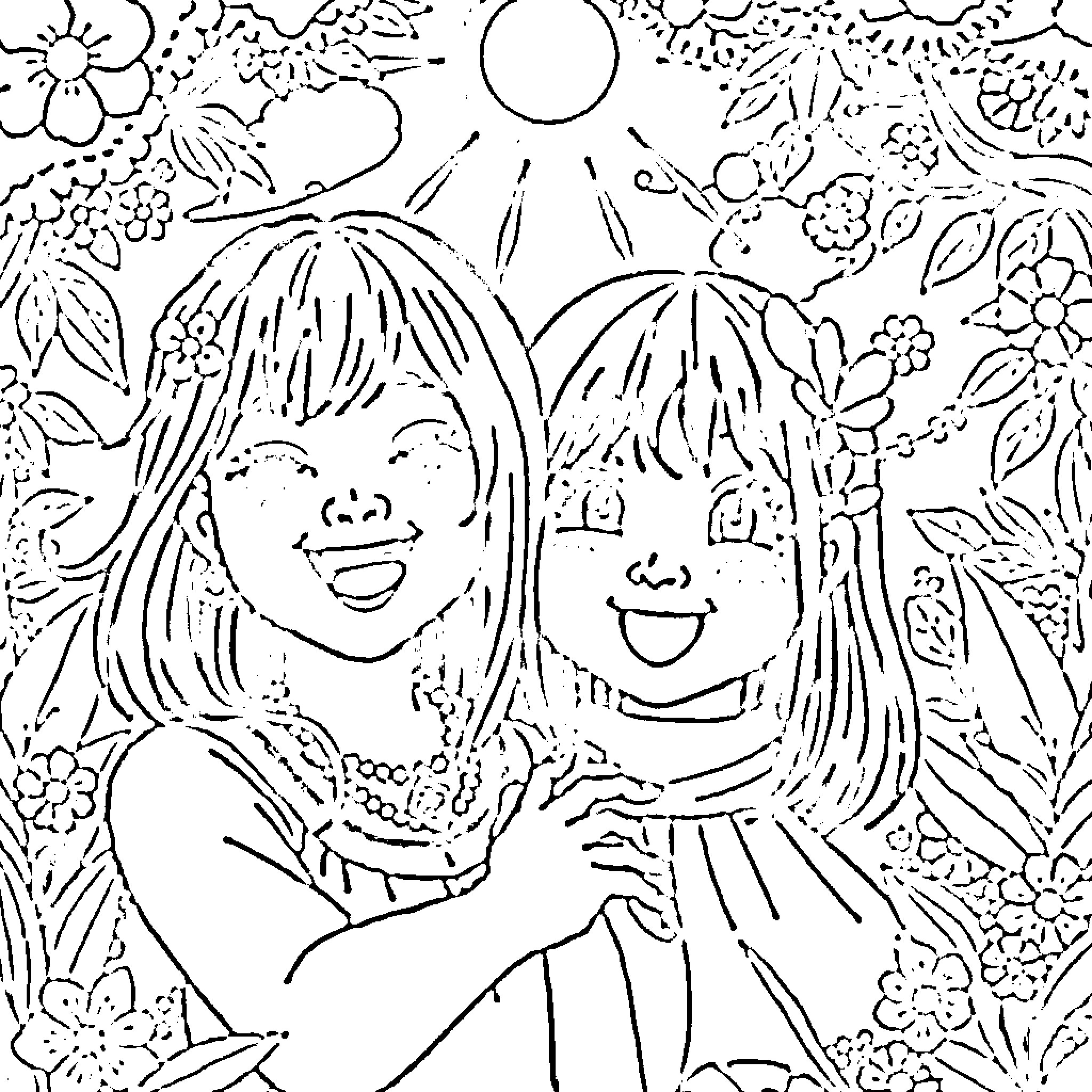 Nana Iro Sisters in Floral Wonderland Coloring Page (free black-and-white line drawing printable PDF for all, from beginners to advanced learners, including children, teens, adults, and seniors)