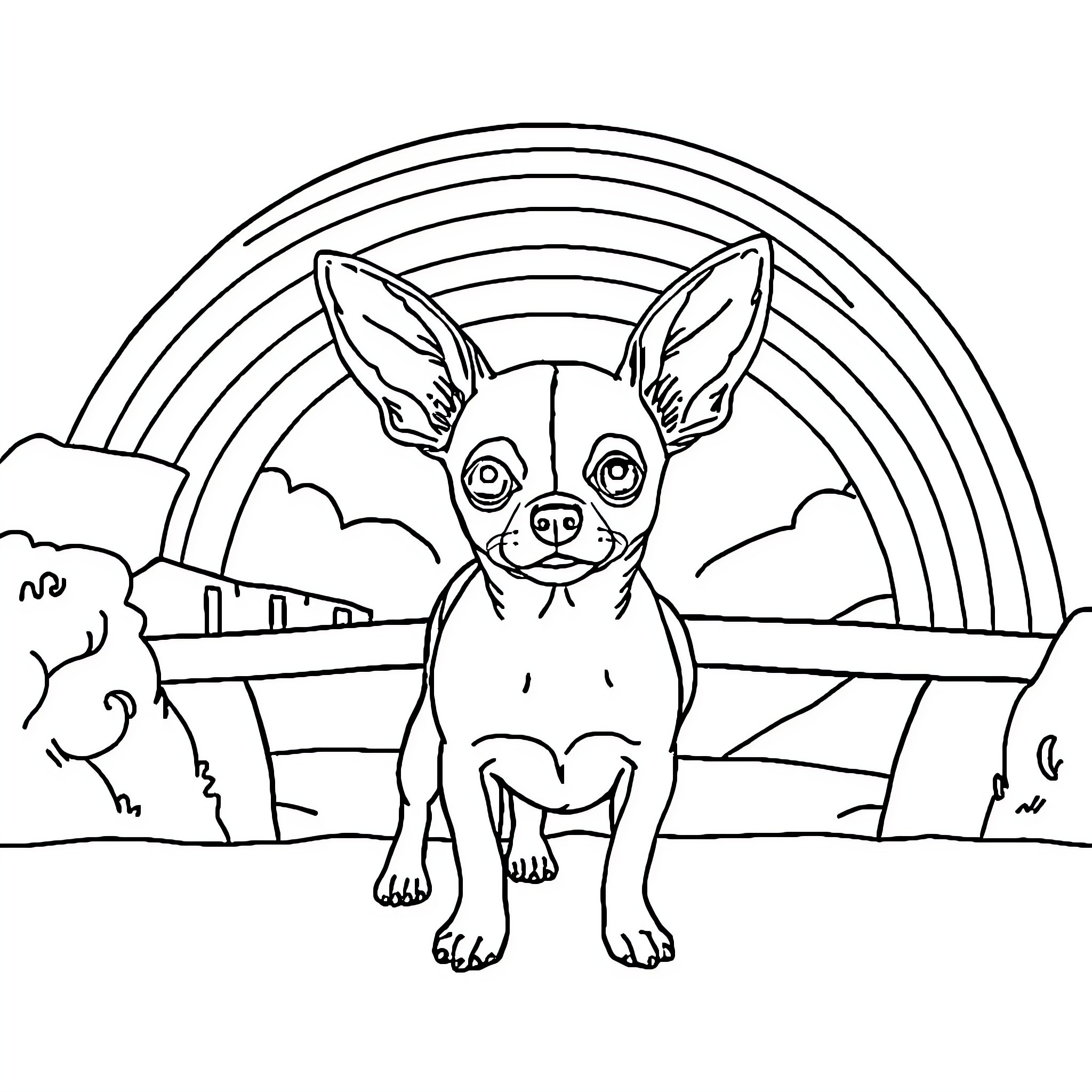 Chihuahua sitting in front of a rainbow Coloring Page (free black-and-white line drawing printable PDF for all, from beginners to advanced learners, including children, teens, adults, and seniors)