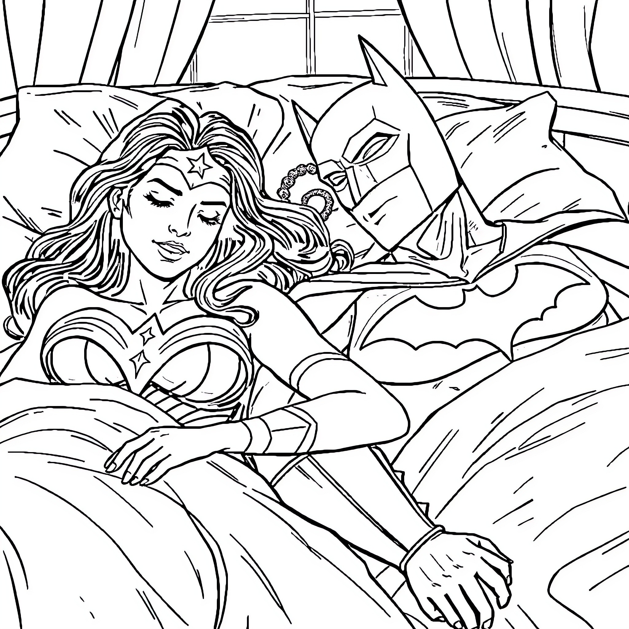 Wonder Woman resting after heroic battle Coloring Page (free black-and-white line drawing printable PDF for all, from beginners to advanced learners, including children, teens, adults, and seniors)