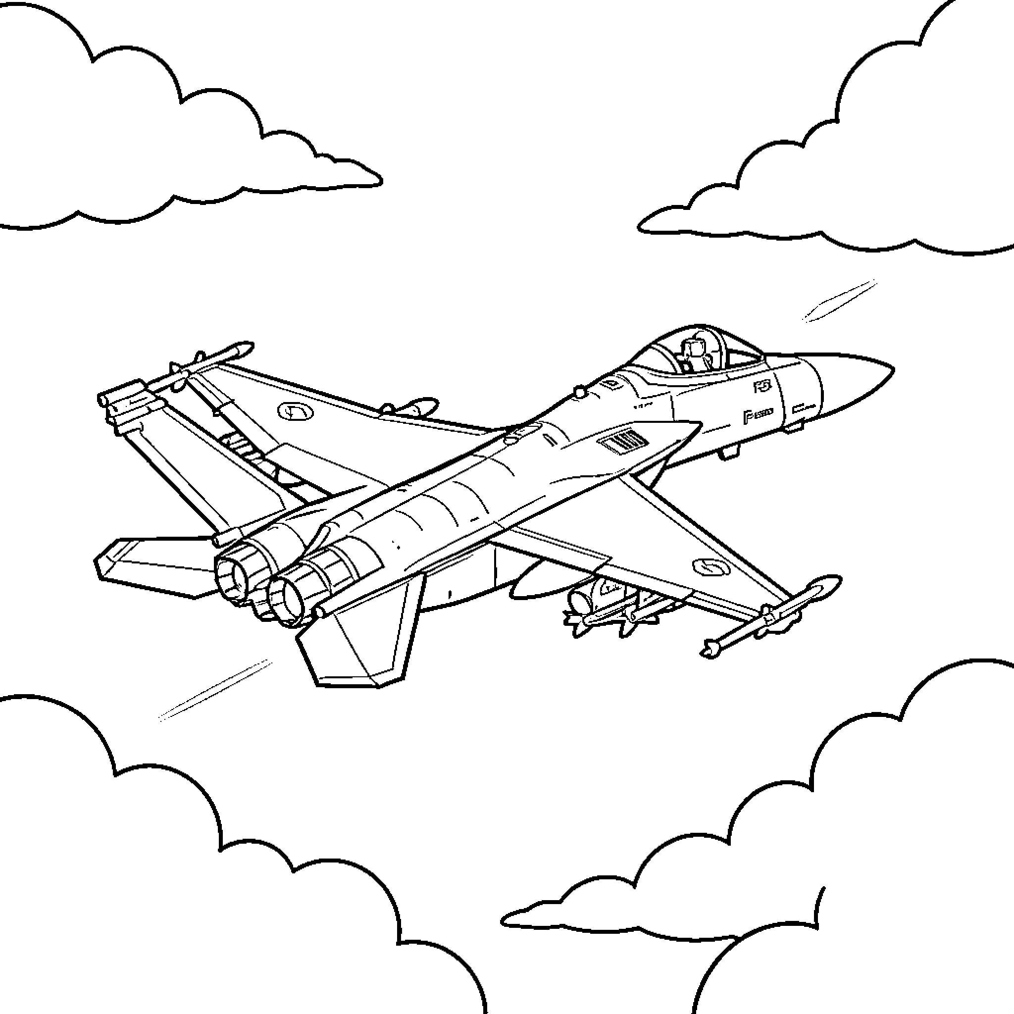 F-18 Fighter Jet in the Sky Coloring Page (free black-and-white line drawing printable PDF for all, from beginners to advanced learners, including children, teens, adults, and seniors)
