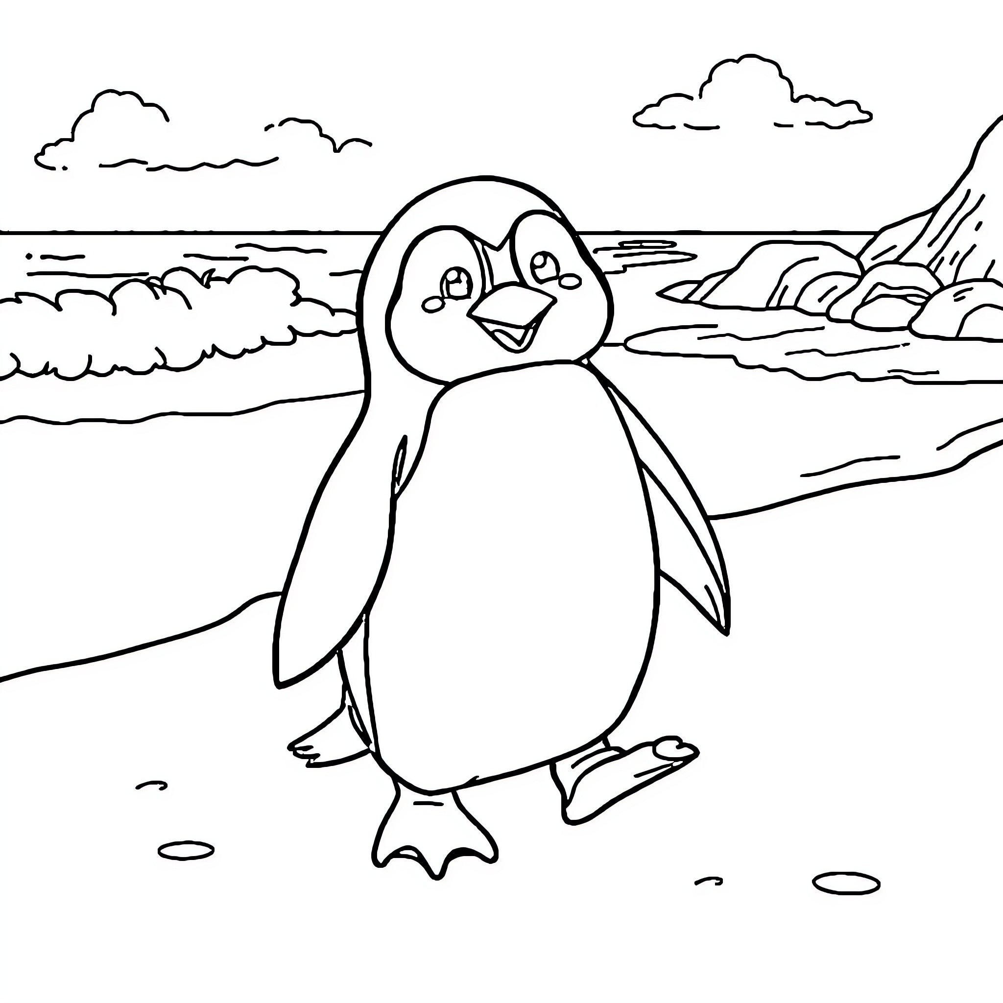 Penguin enjoying scenic coastal landscape Coloring Page (free black-and-white line drawing printable PDF for all, from beginners to advanced learners, including children, teens, adults, and seniors)