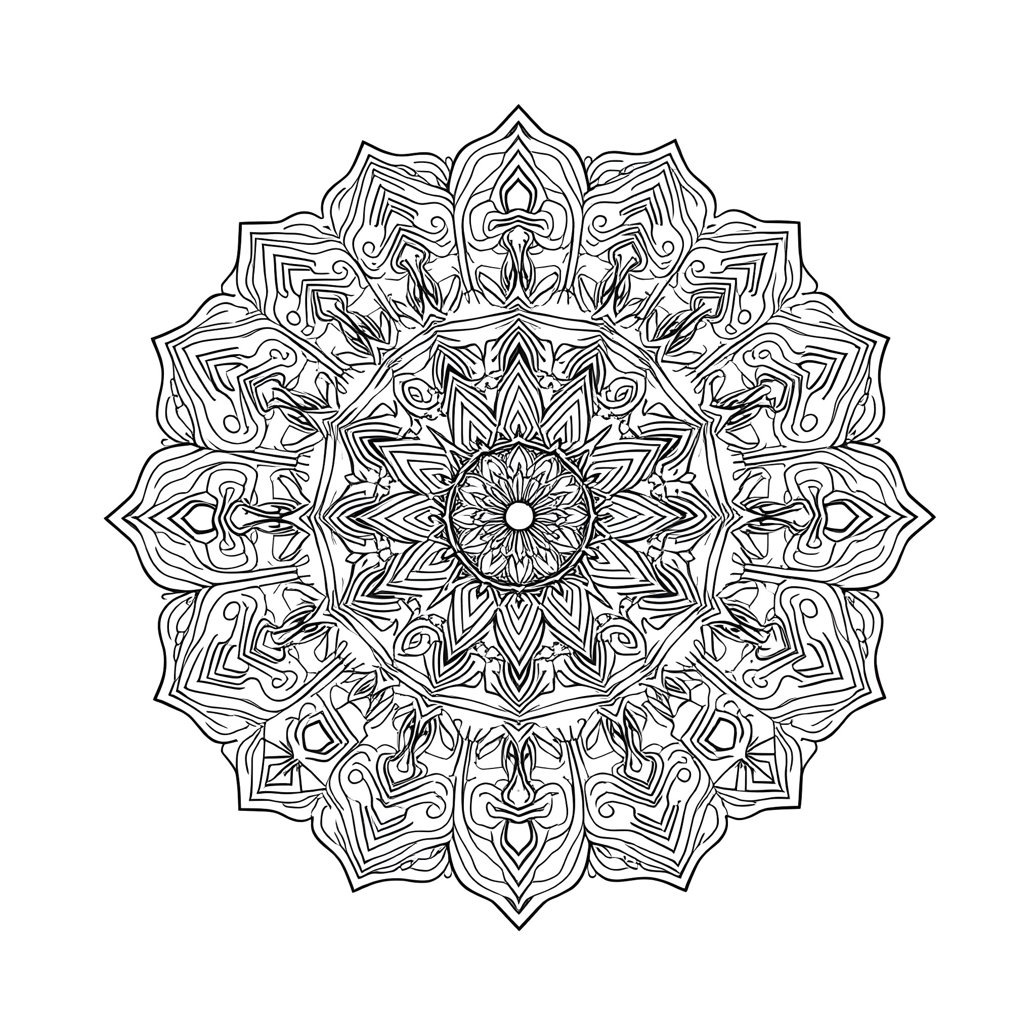 Mandala with intricate floral and geometric patterns Coloring Page (free black-and-white line drawing printable PDF for all, from beginners to advanced learners, including children, teens, adults, and seniors)