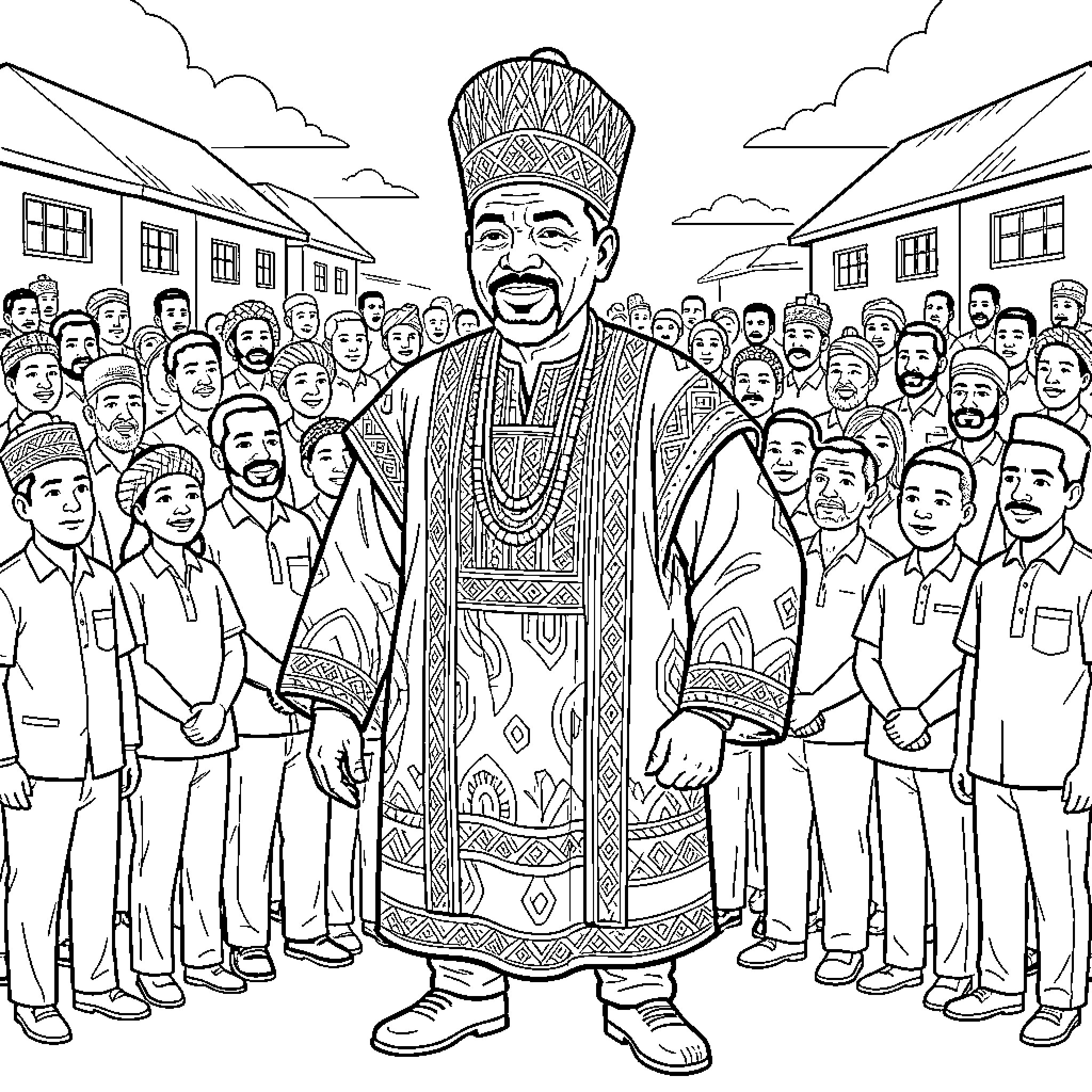 Kwame Nkrumah addressing a crowd in traditional attire Coloring Page (free black-and-white line drawing printable PDF for all, from beginners to advanced learners, including children, teens, adults, and seniors)