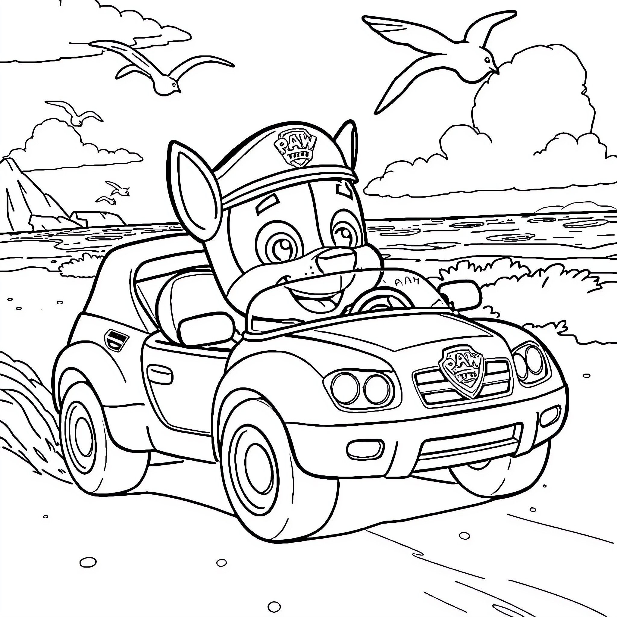 Chase the Paw Patrol Puppy in the Jeep Coloring Page (free black-and-white line drawing printable PDF for all, from beginners to advanced learners, including children, teens, adults, and seniors)