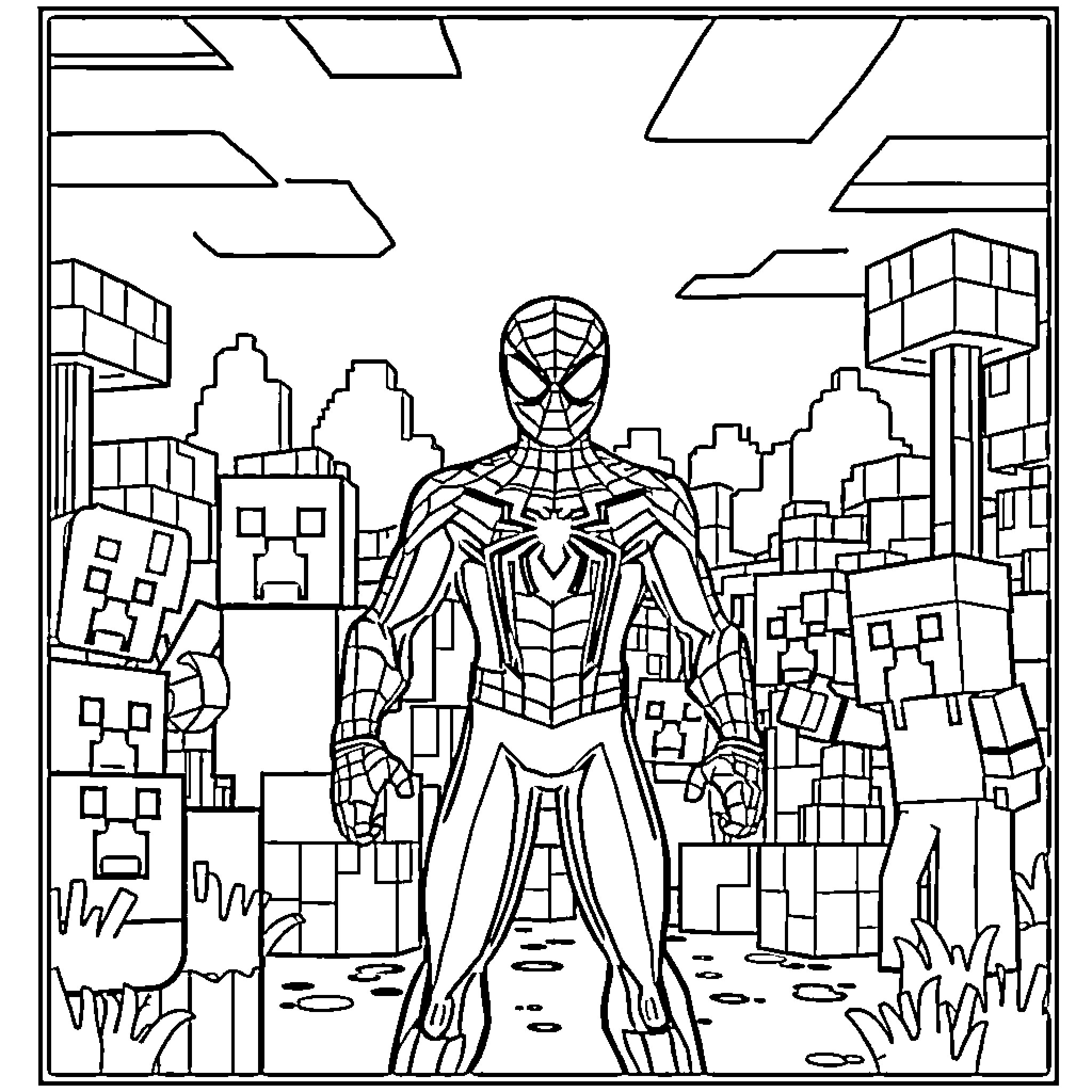 Spider-Man saving the city from danger Coloring Page (free black-and-white line drawing printable PDF for all, from beginners to advanced learners, including children, teens, adults, and seniors)
