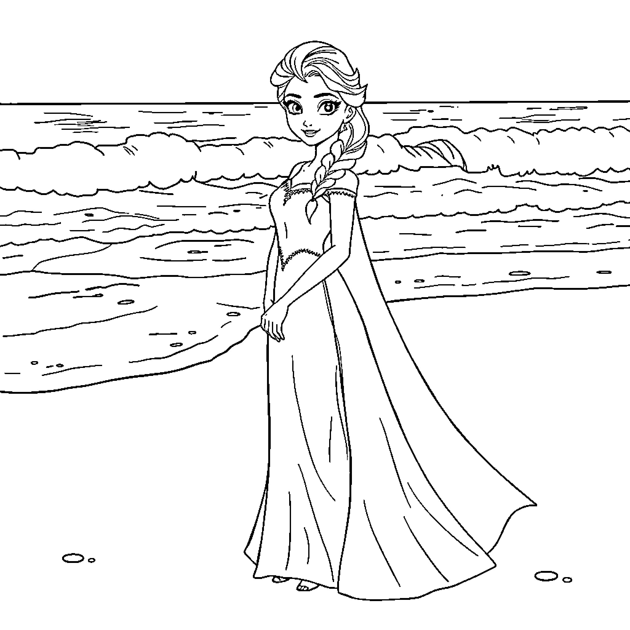 Elsa enjoying the seaside view Coloring Page (free black-and-white line drawing printable PDF for all, from beginners to advanced learners, including children, teens, adults, and seniors)