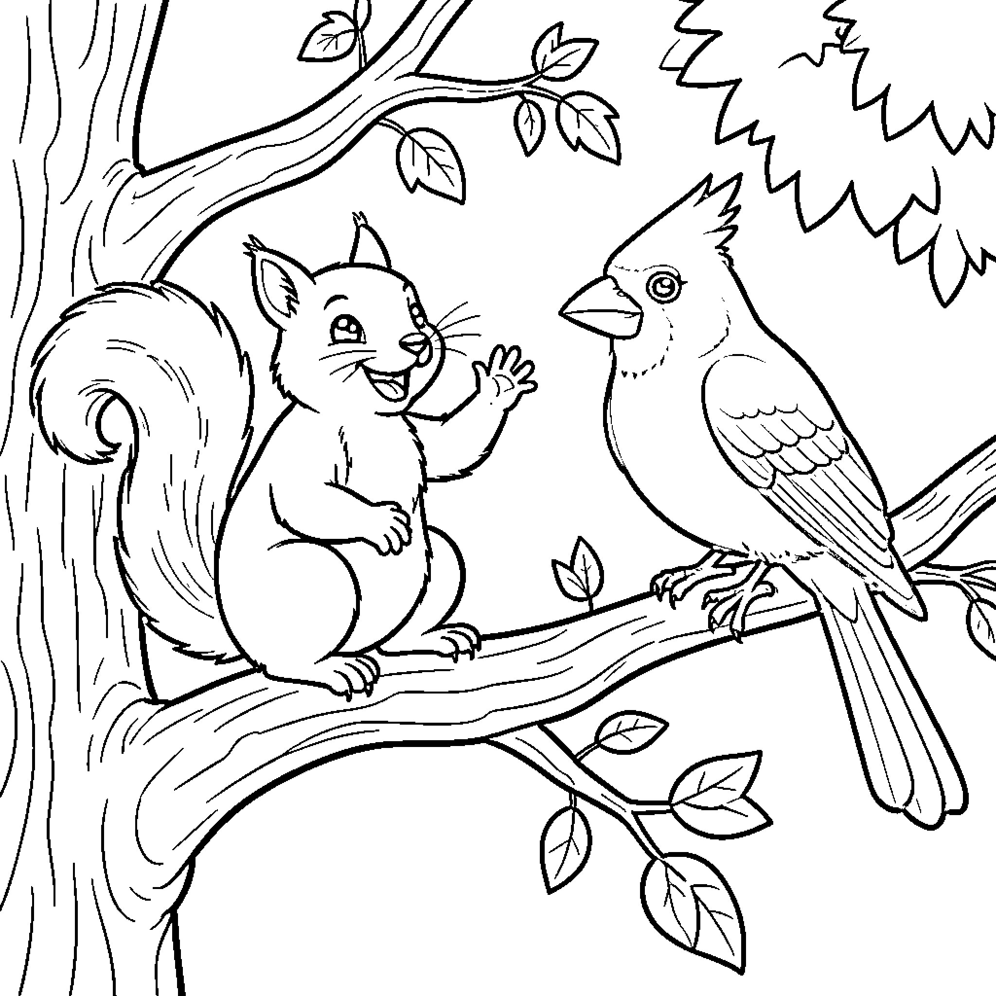 Squirrel and bird perching on tree branches Coloring Page (free black-and-white line drawing printable PDF for all, from beginners to advanced learners, including children, teens, adults, and seniors)