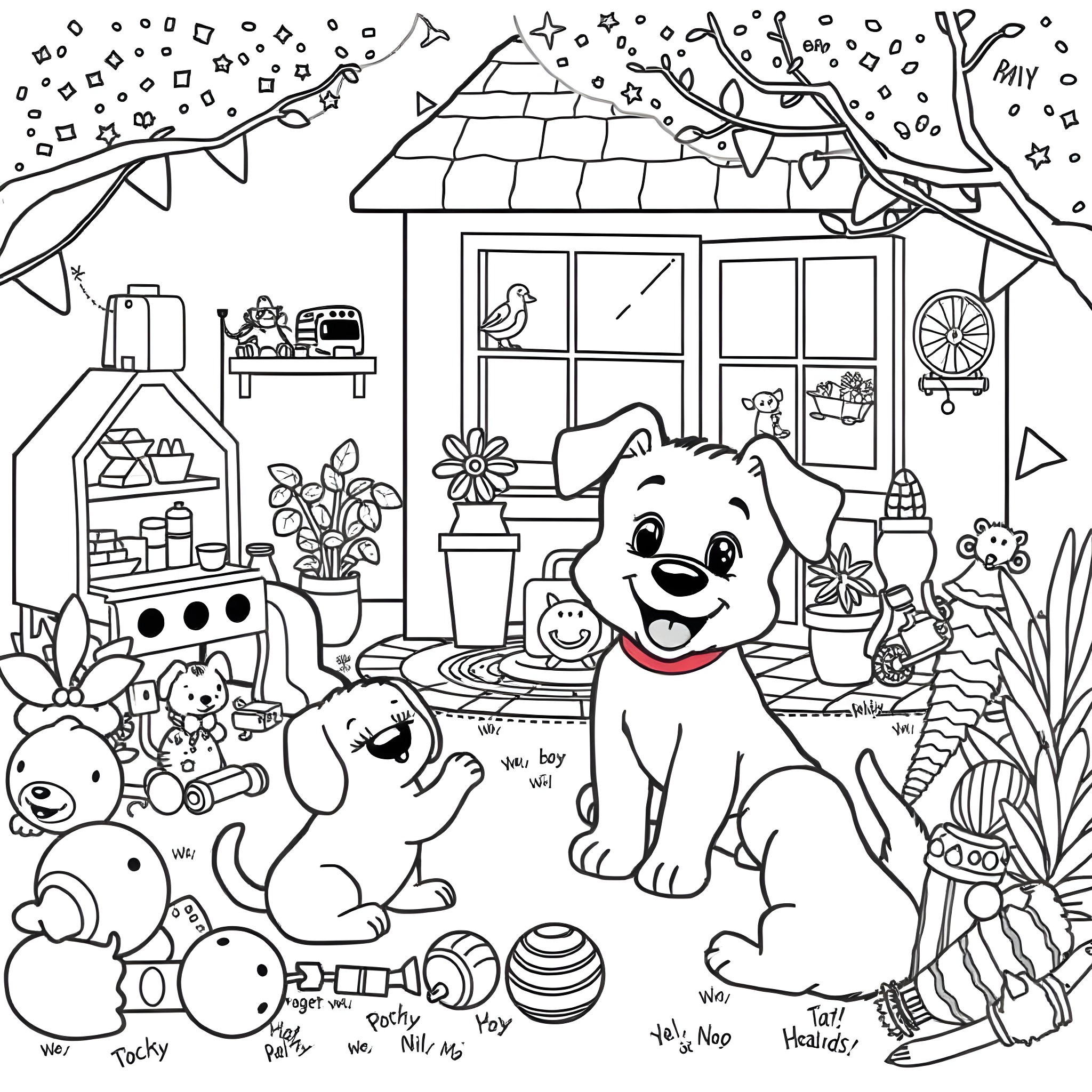 Bluey's Cozy Home Adventure Coloring Page (free black-and-white line drawing printable PDF for all, from beginners to advanced learners, including children, teens, adults, and seniors)
