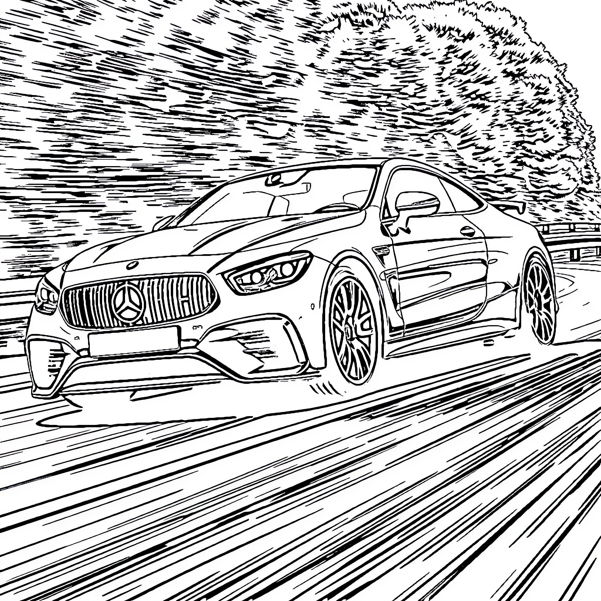 Voiture speeding through the night Coloring Page (free black-and-white line drawing printable PDF for all, from beginners to advanced learners, including children, teens, adults, and seniors)