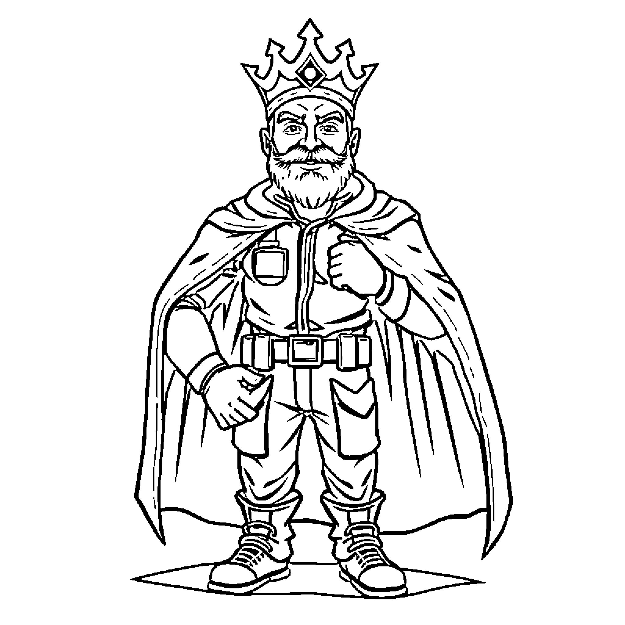 Technician King in Regal Attire Coloring Page (free black-and-white line drawing printable PDF for all, from beginners to advanced learners, including children, teens, adults, and seniors)