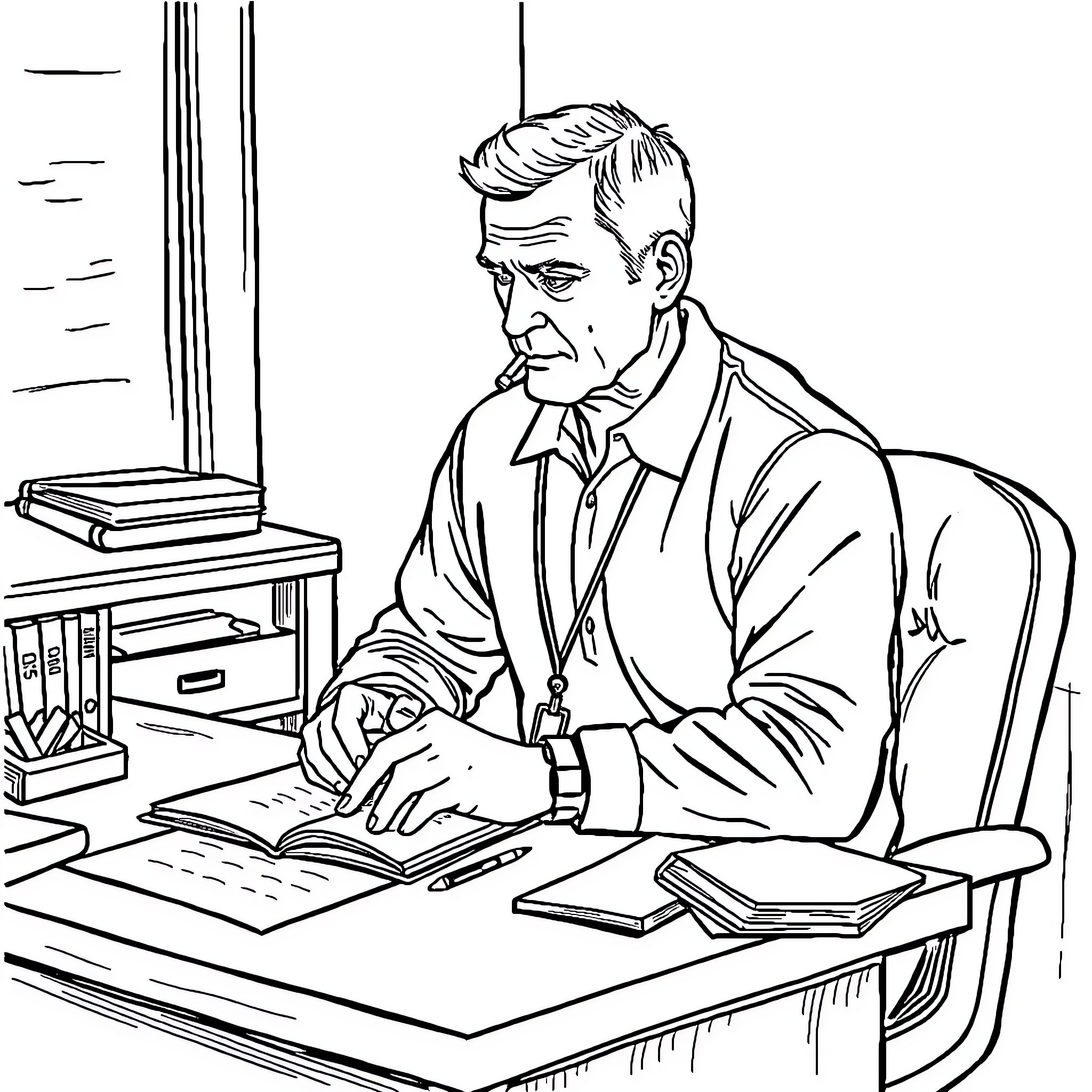 Football Coach Working Diligently at Desk Coloring Page (free black-and-white line drawing printable PDF for all, from beginners to advanced learners, including children, teens, adults, and seniors)