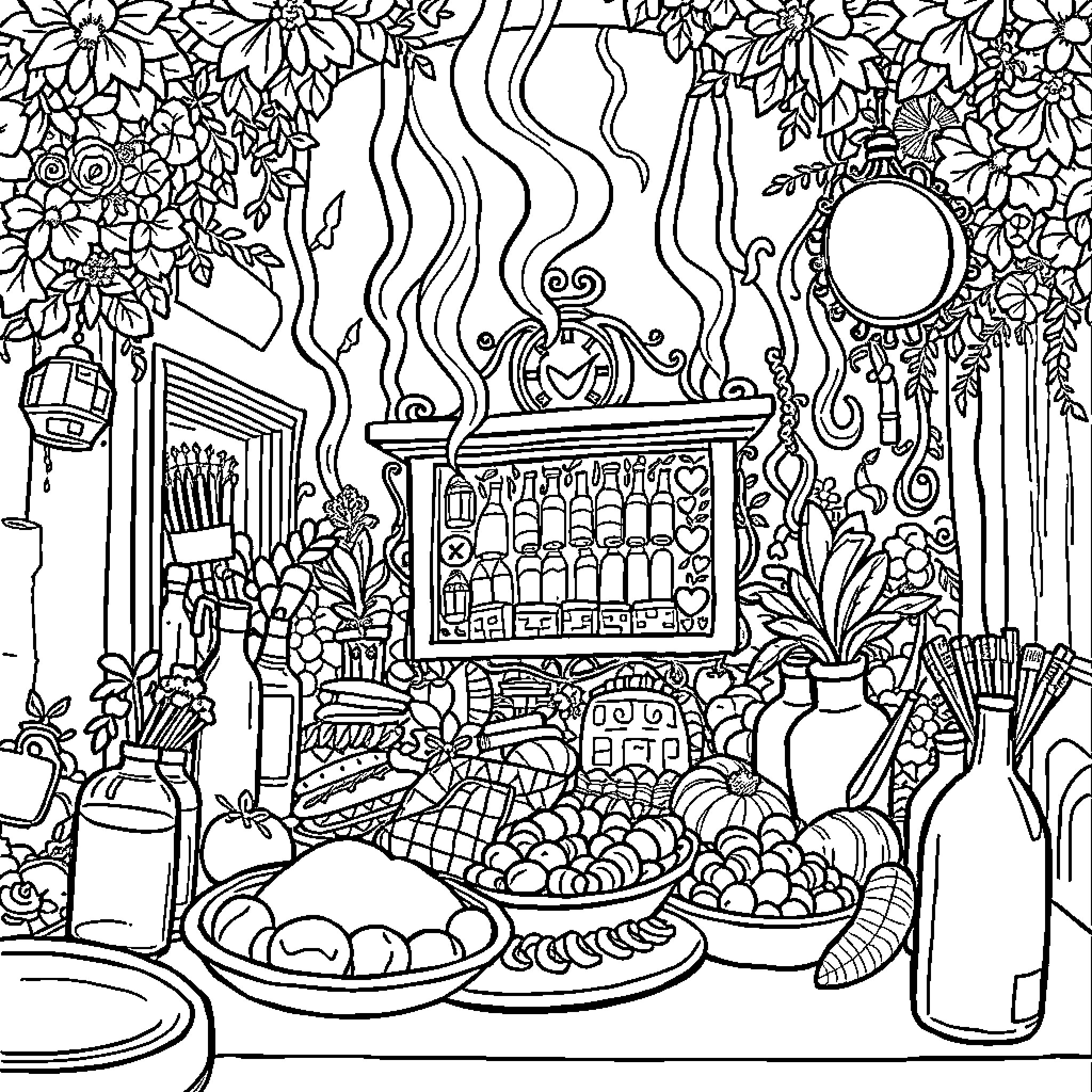 Brain Feast of Delicious Treats in Vibrant Setting Coloring Page (free black-and-white line drawing printable PDF for all, from beginners to advanced learners, including children, teens, adults, and seniors)