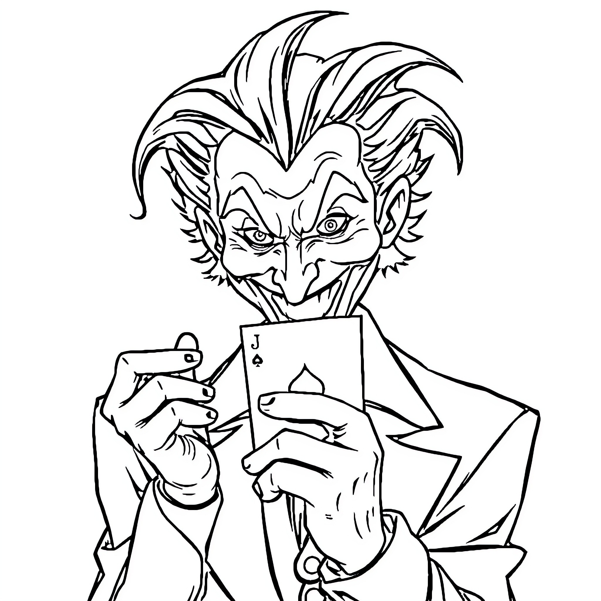 Joker holding playing card, mischievous expression Coloring Page (free black-and-white line drawing printable PDF for all, from beginners to advanced learners, including children, teens, adults, and seniors)