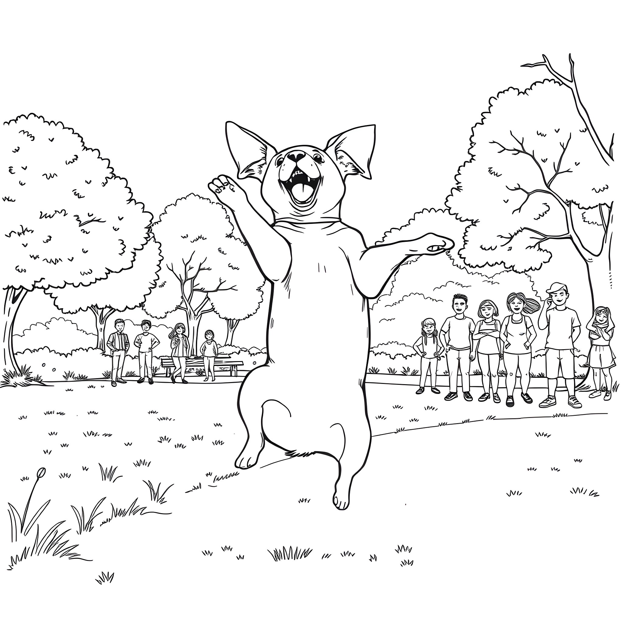Dog happily playing in a park with people Coloring Page (free black-and-white line drawing printable PDF for all, from beginners to advanced learners, including children, teens, adults, and seniors)